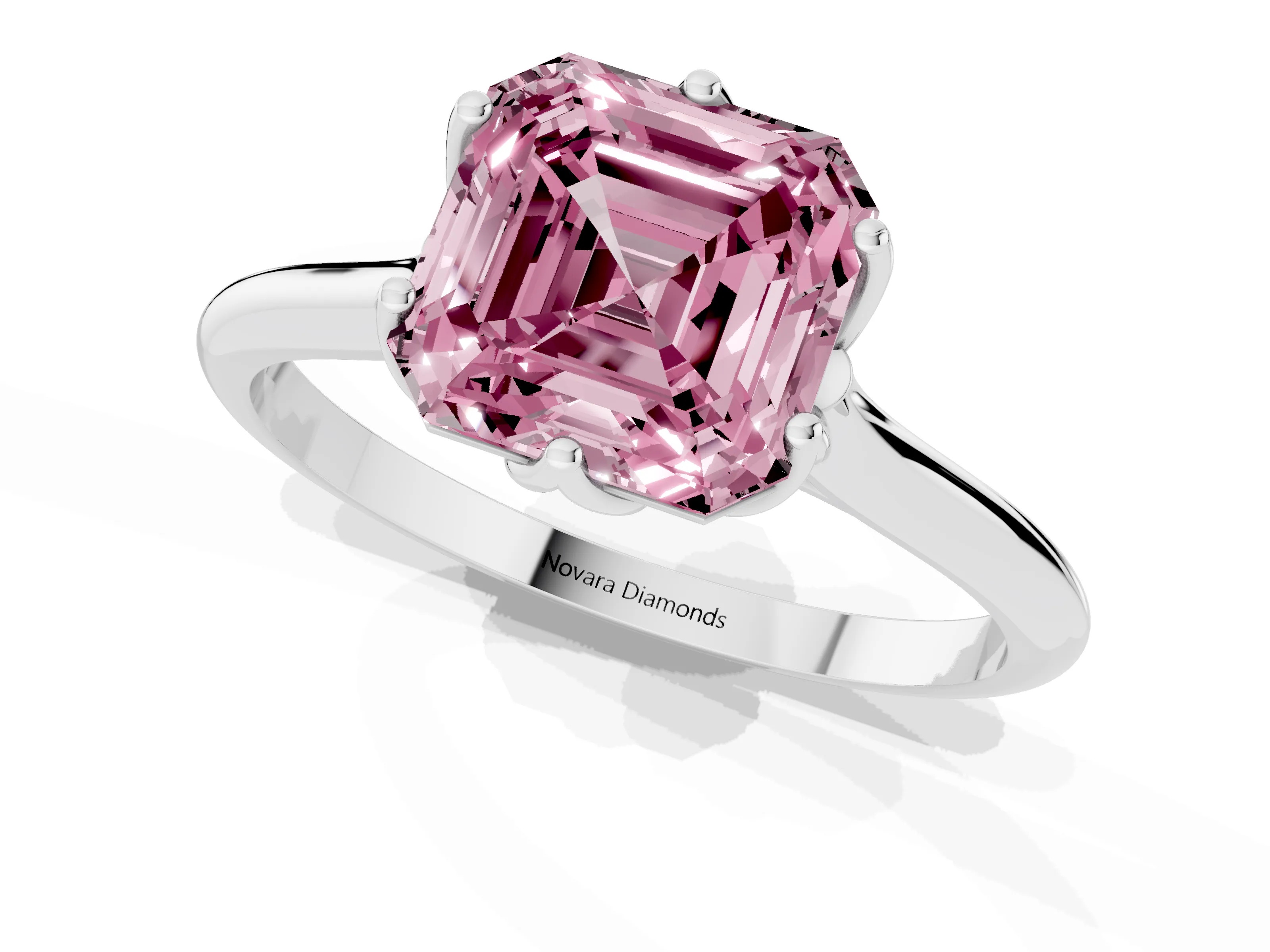Fancy Pink Asscher Cut Diamond Solitaire Cathedral Ring Set in Platinum with Prong Setting