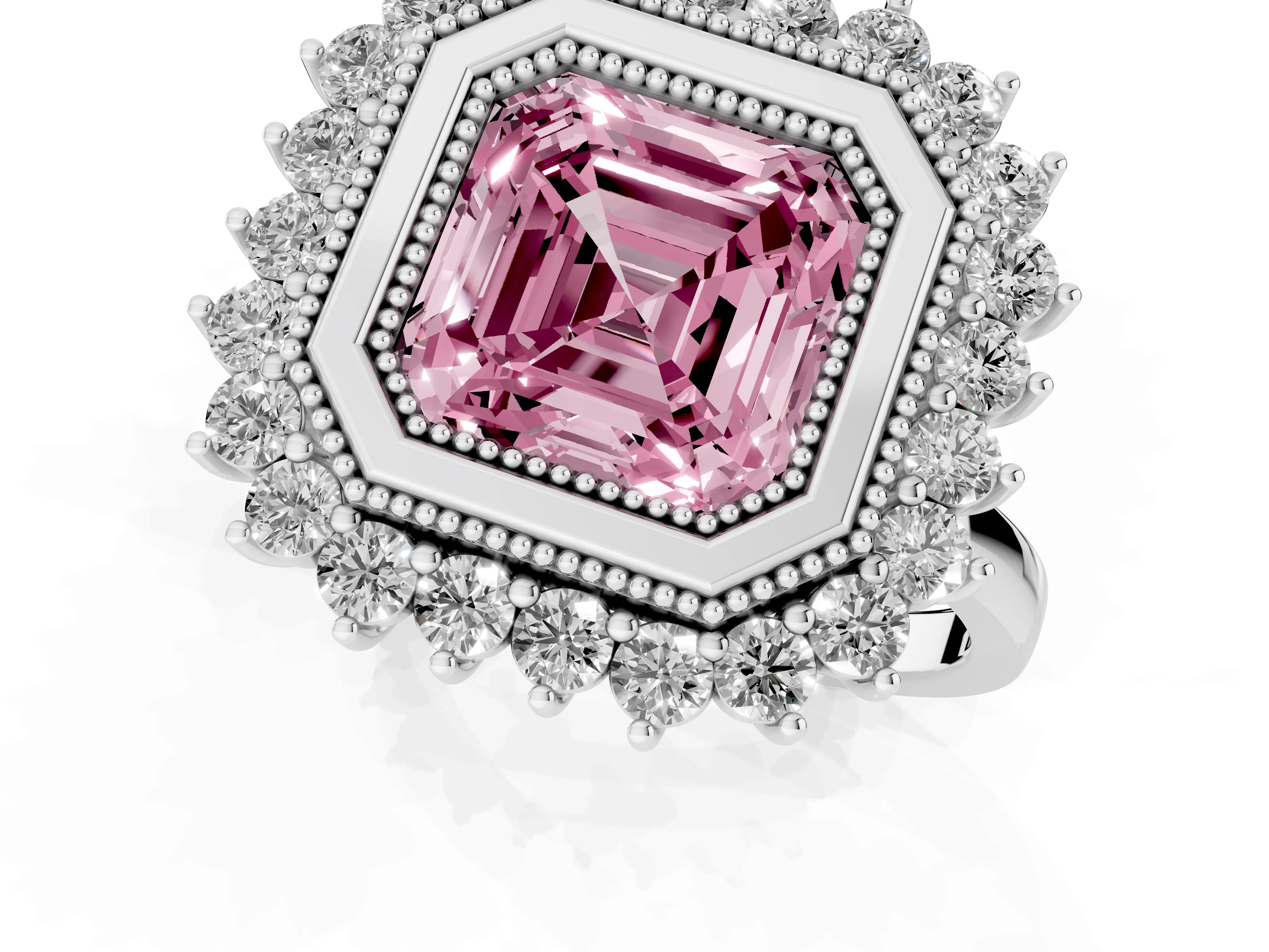 Fancy Pink Asscher Cut Diamond Halo Ring Set in Platinum with Milgrain Edge and Round Prong Setting