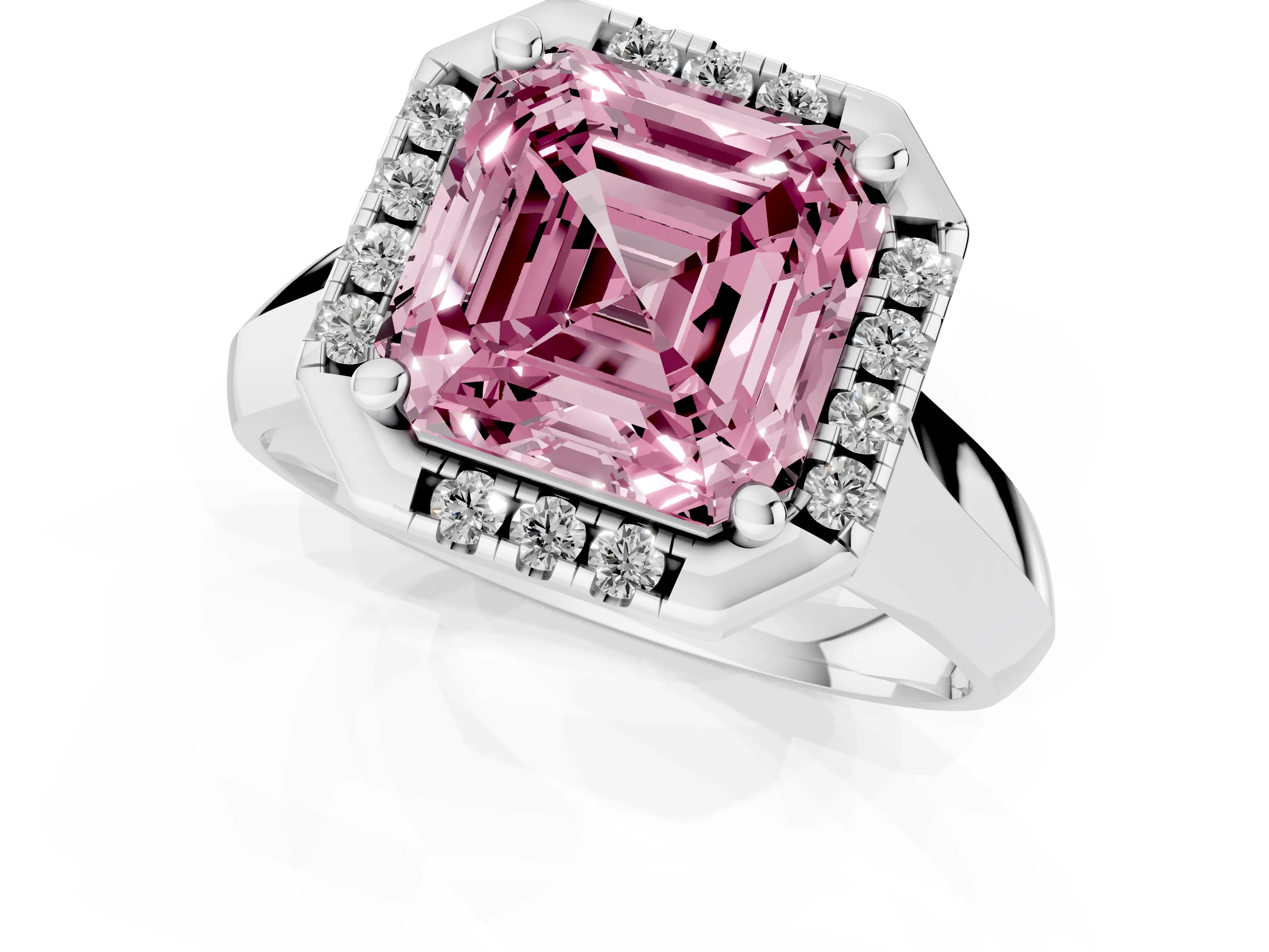 Fancy Pink Asscher Cut Diamond Halo Solitaire Engagement Ring Set in Platinum with Square Band and Prong Setting