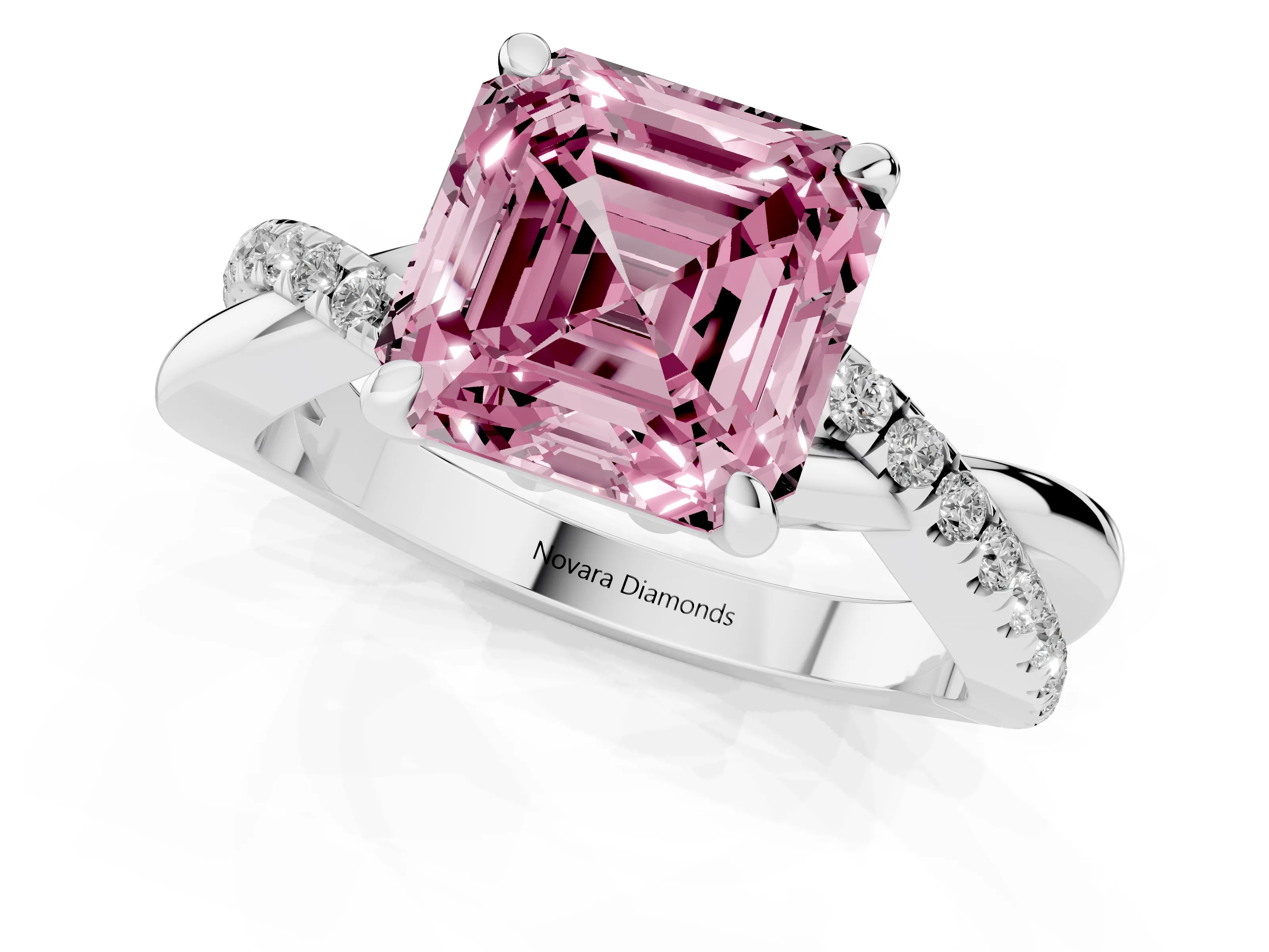 Fancy Pink Asscher Cut Diamond Twist Band Pavé Solitaire Ring Set in Platinum with Prong Setting