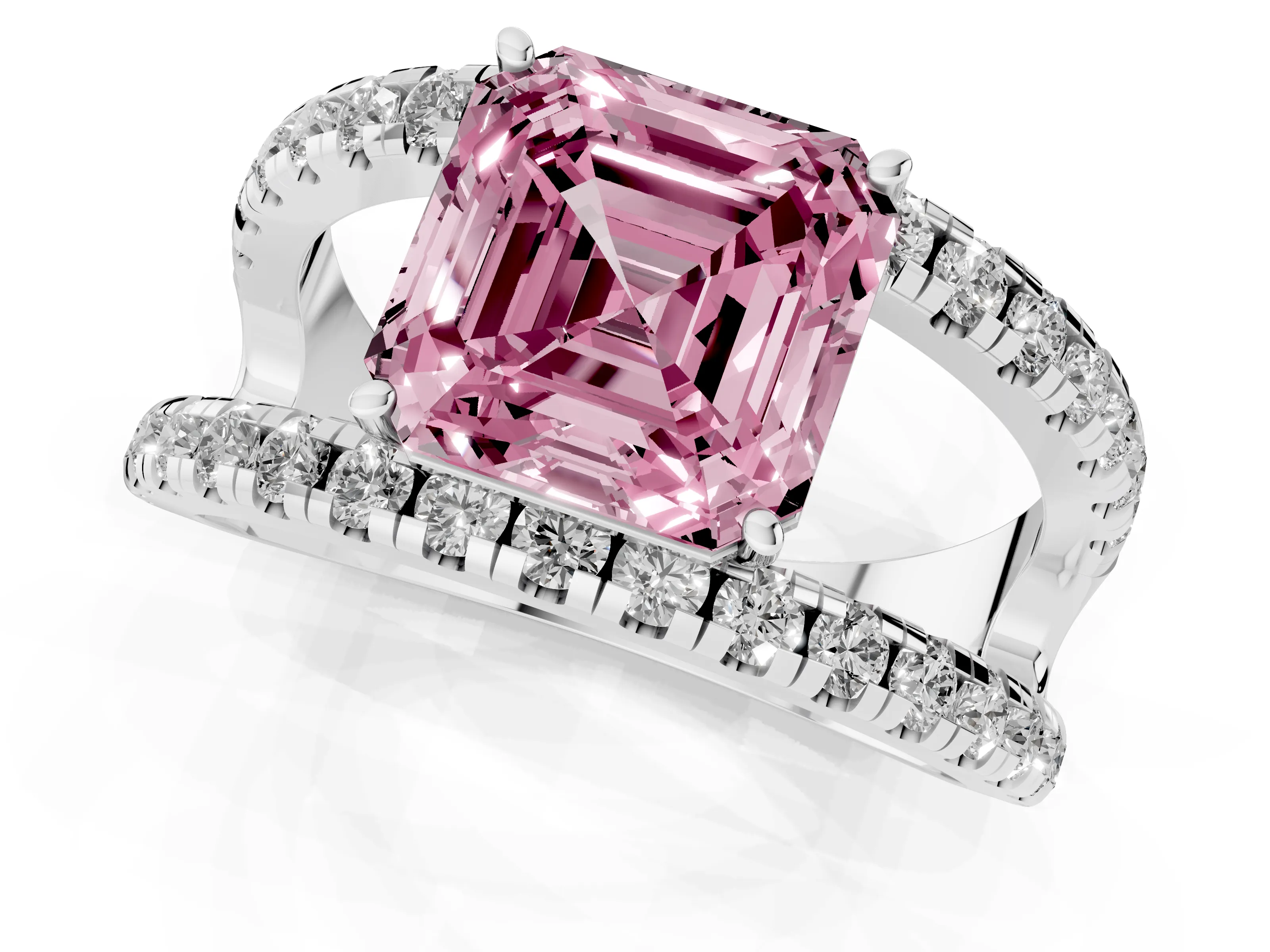 Fancy Pink Asscher Cut Diamond Split Shank Pavé Solitaire Ring Set in Platinum with Open Shank Design