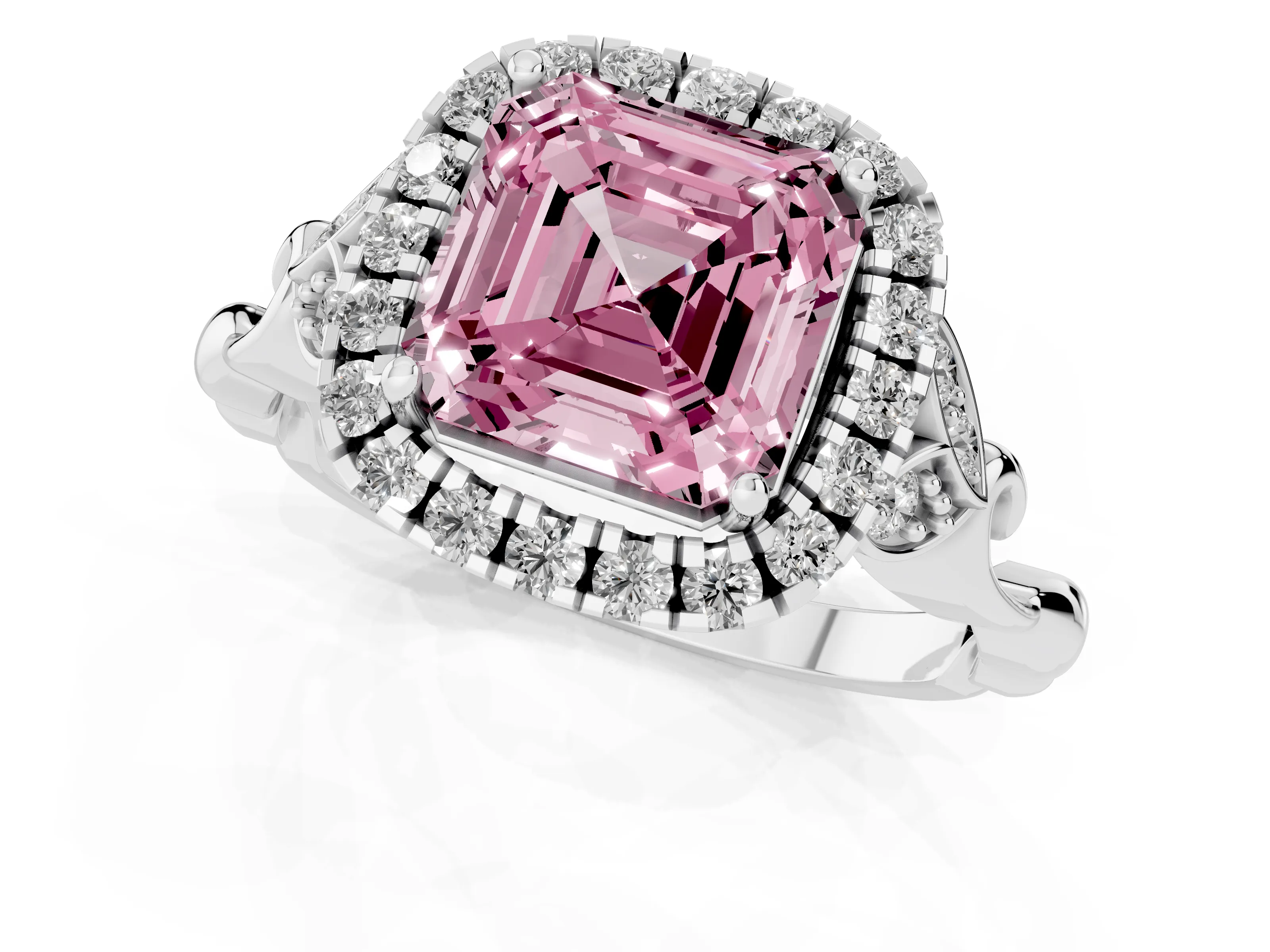 Fancy Pink Asscher Cut Diamond Halo Engagement Ring Set in Platinum with Vintage-Inspired Band and Prong Setting