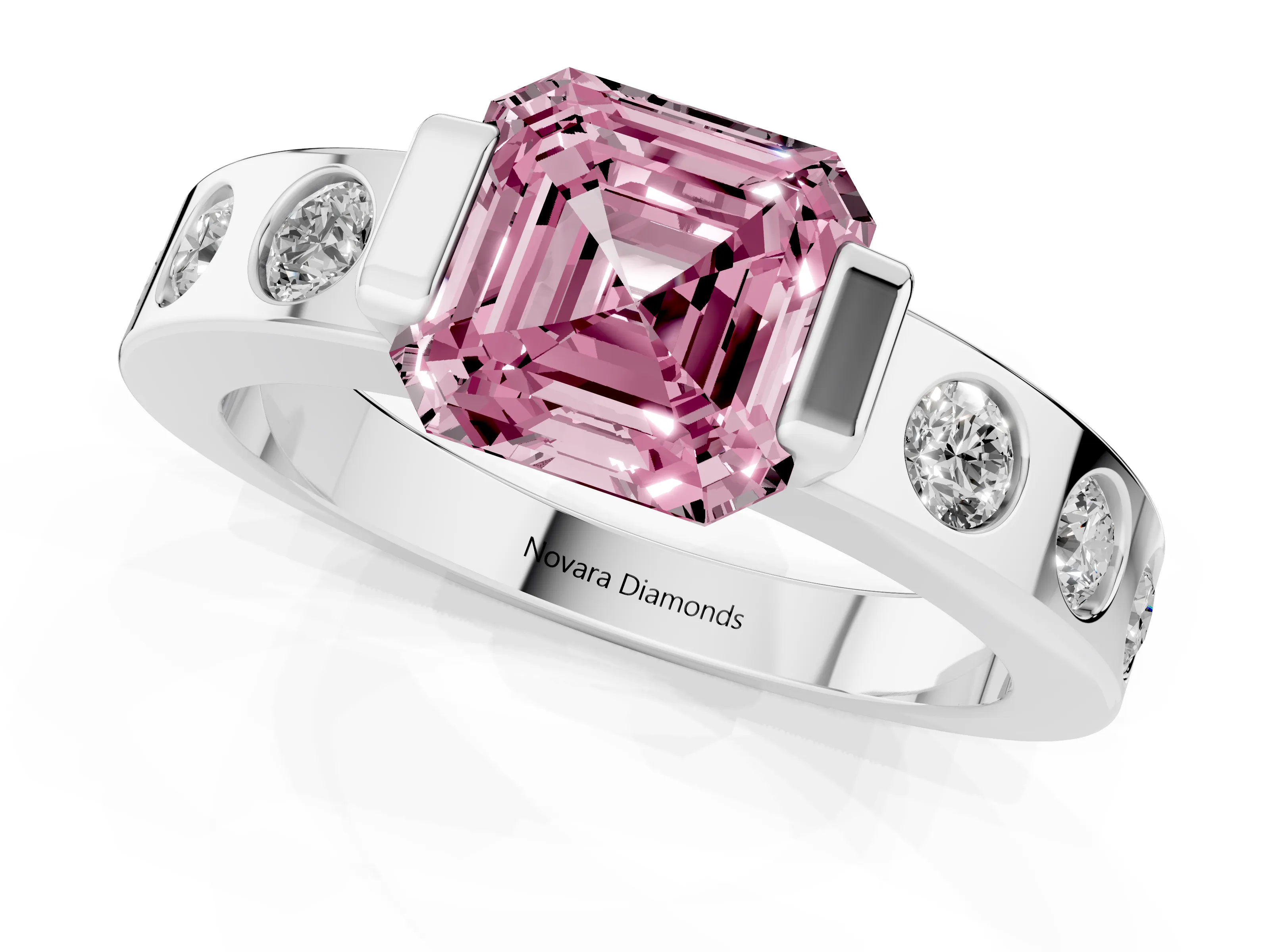 Fancy Pink Asscher Cut Diamond Channel-Set Band Ring Set in Silver with Bezel Prong Setting