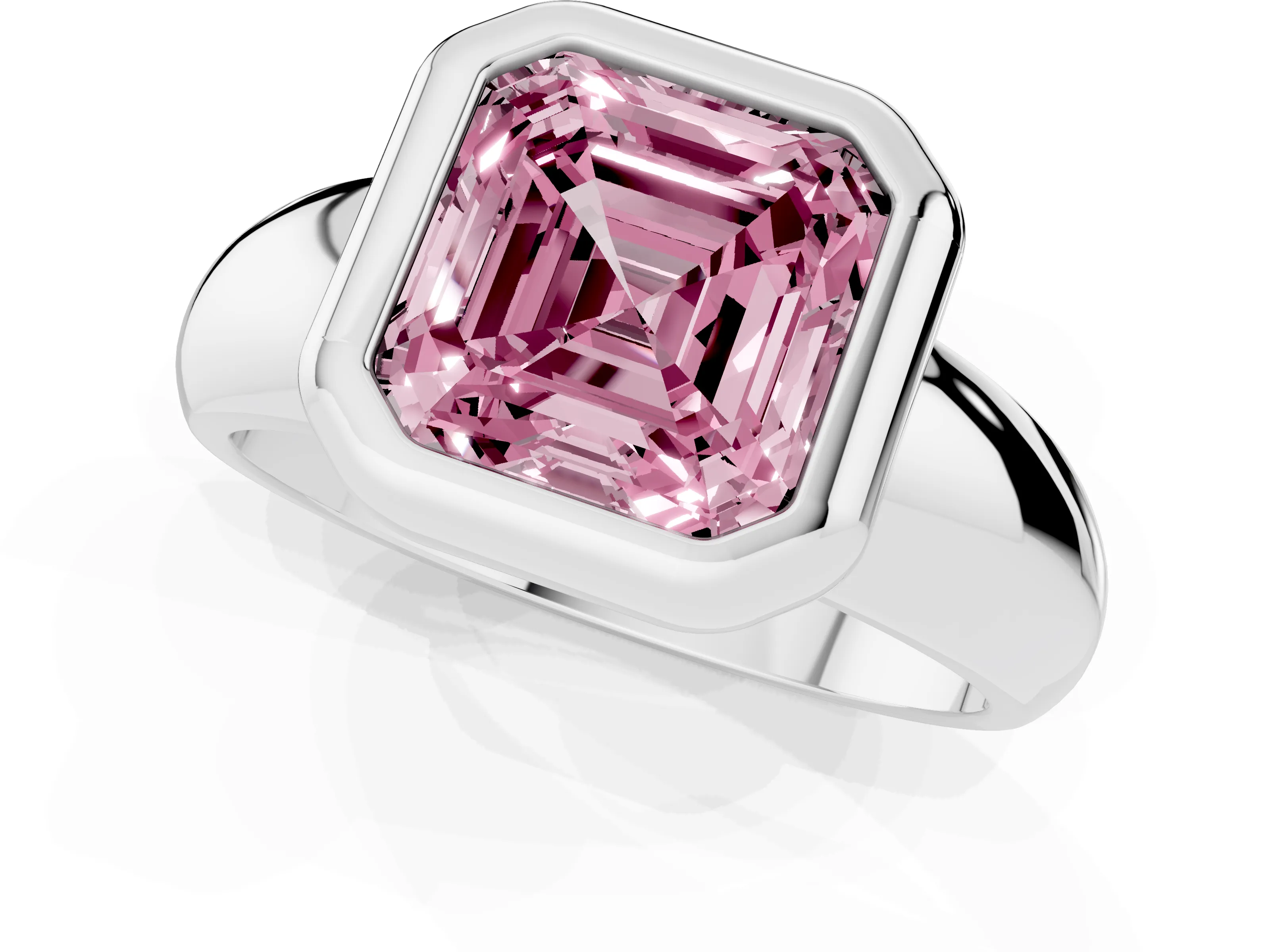 Fancy Pink Bezel Set Asscher Cut Diamond Solitaire Ring Set in Platinum with Wide Band