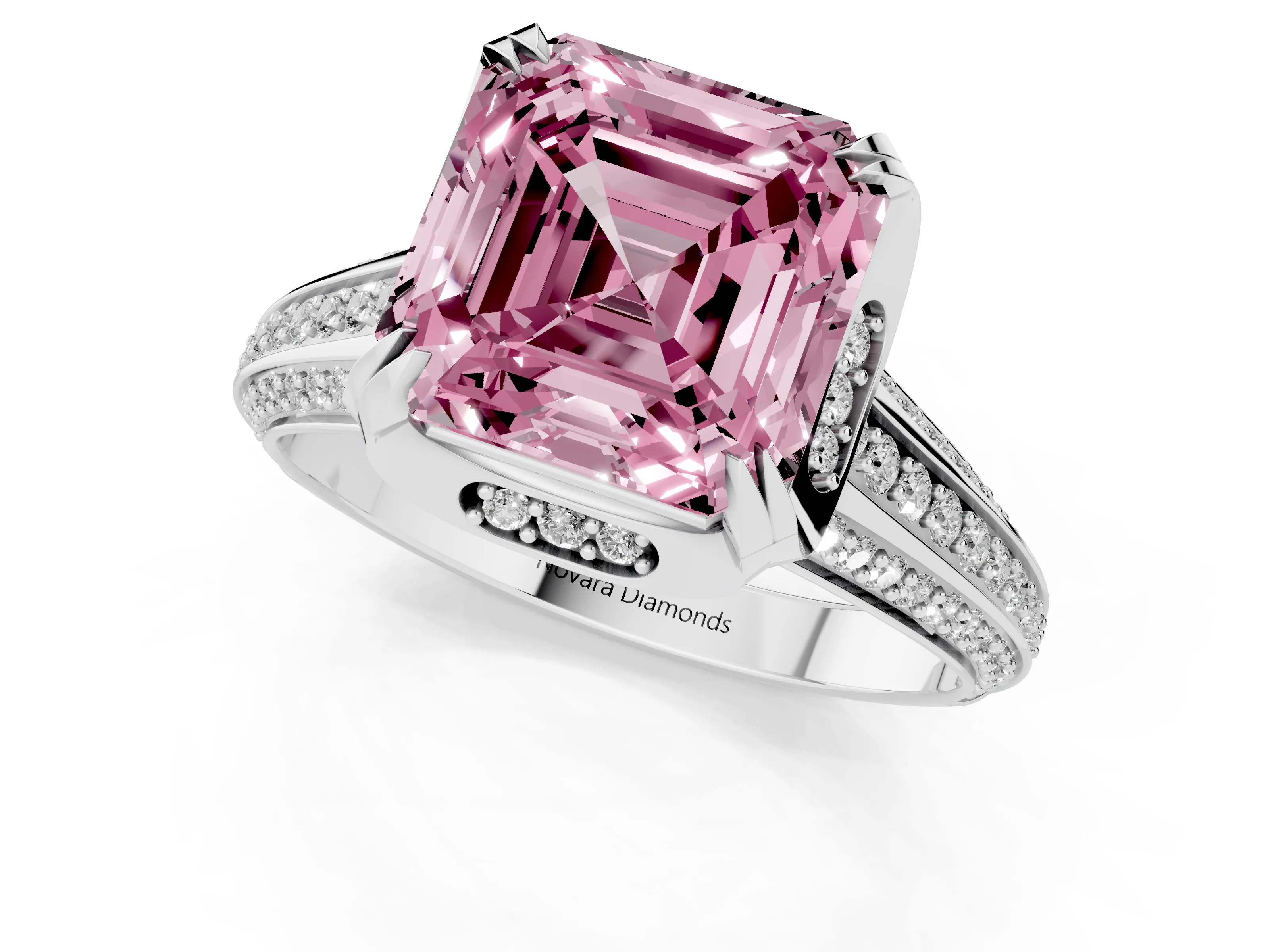 Fancy Pink Asscher Cut Diamond Pavé Split Shank Solitaire Ring Set in Platinum with Prong Setting