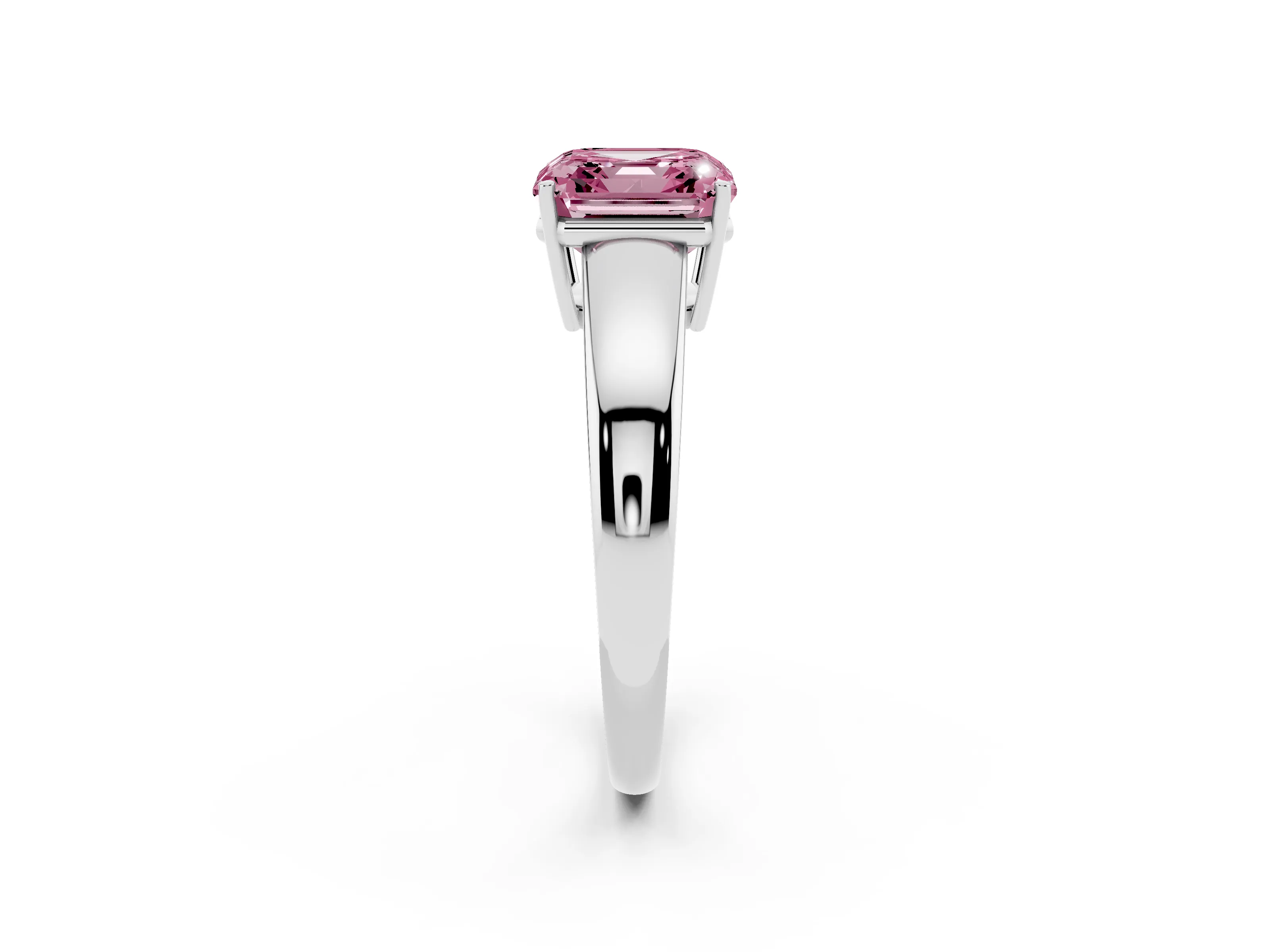 Fancy Pink Asscher Cut Diamond Solitaire Ring Set in White gold with Tapered Band and Prong Setting