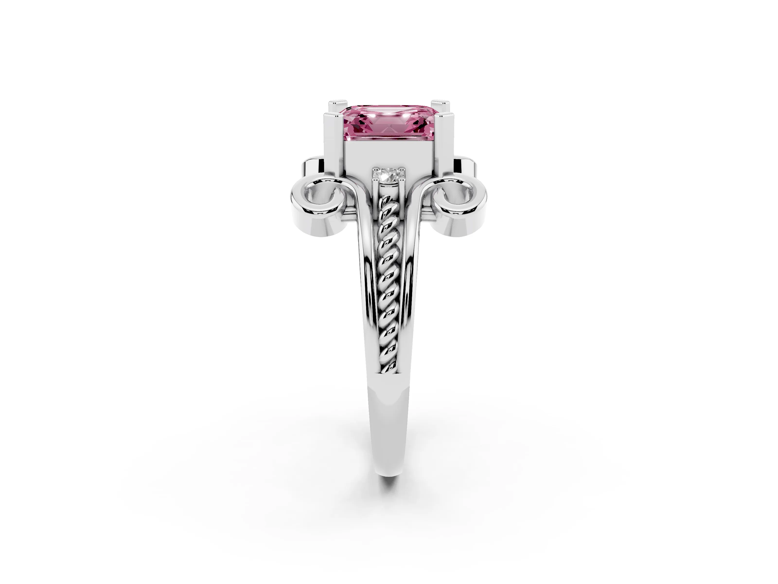 Fancy Pink Asscher Cut Diamond Twisted Band Solitaire Ring Set in Platinum with Scroll Prongs