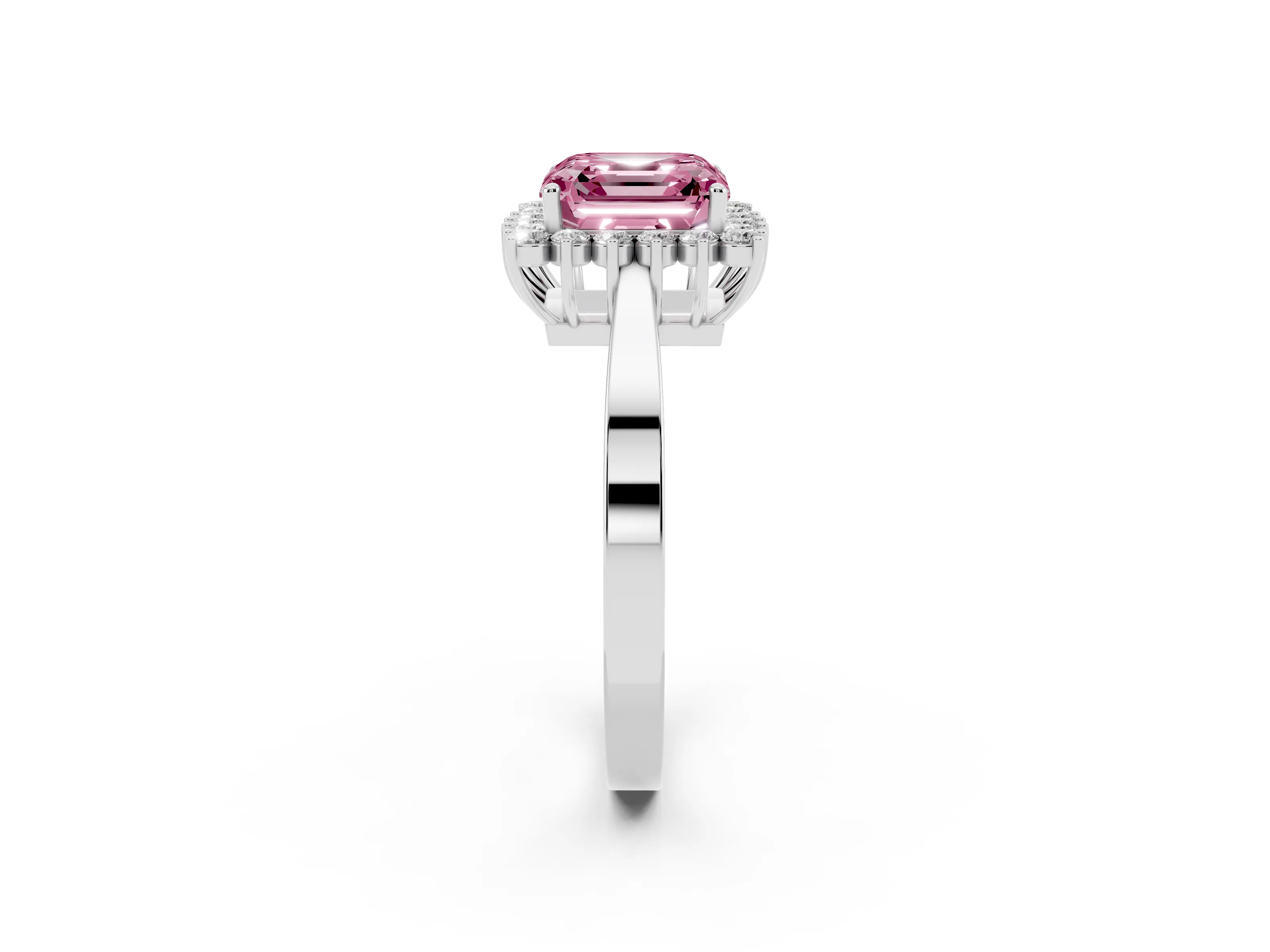 Fancy Pink Asscher Cut Diamond Halo Ring Set in White gold with Round Halo and Smooth Solitaire Band