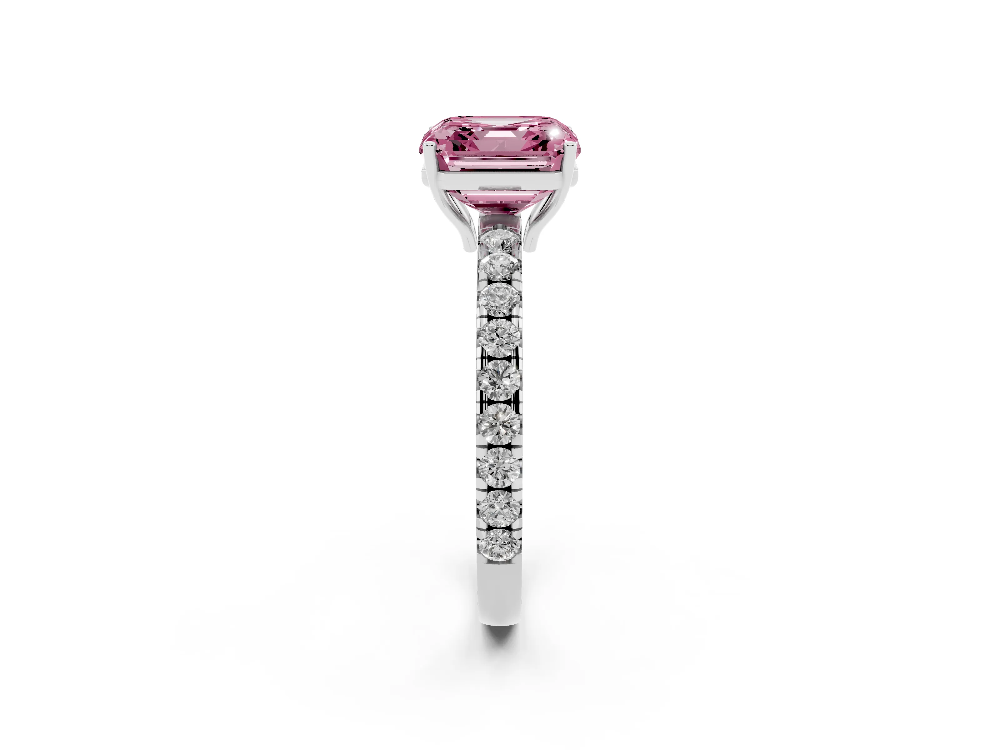 Fancy Pink Asscher Cut Diamond Pavé Solitaire Engagement Ring Set in Platinum with Prong Setting
