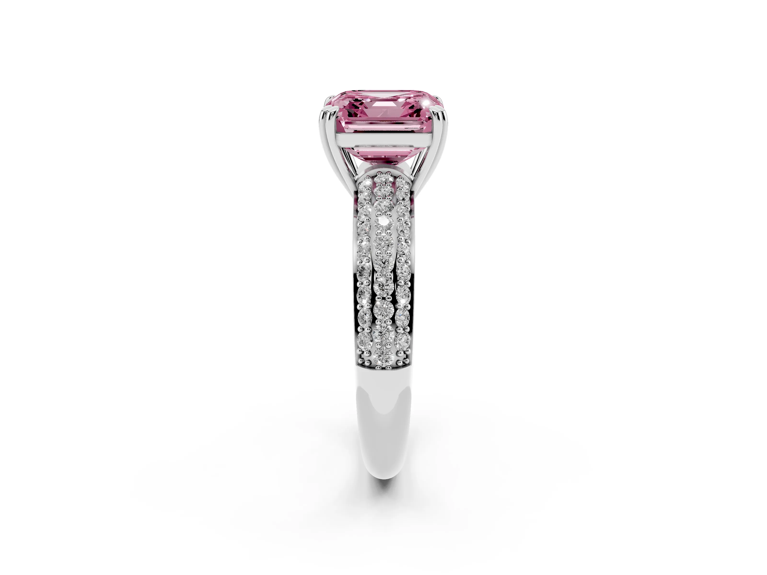 Fancy Pink Asscher Cut Diamond Solitaire Ring Set in Silver with Multi-Row Round Pavé Band and Prong Setting