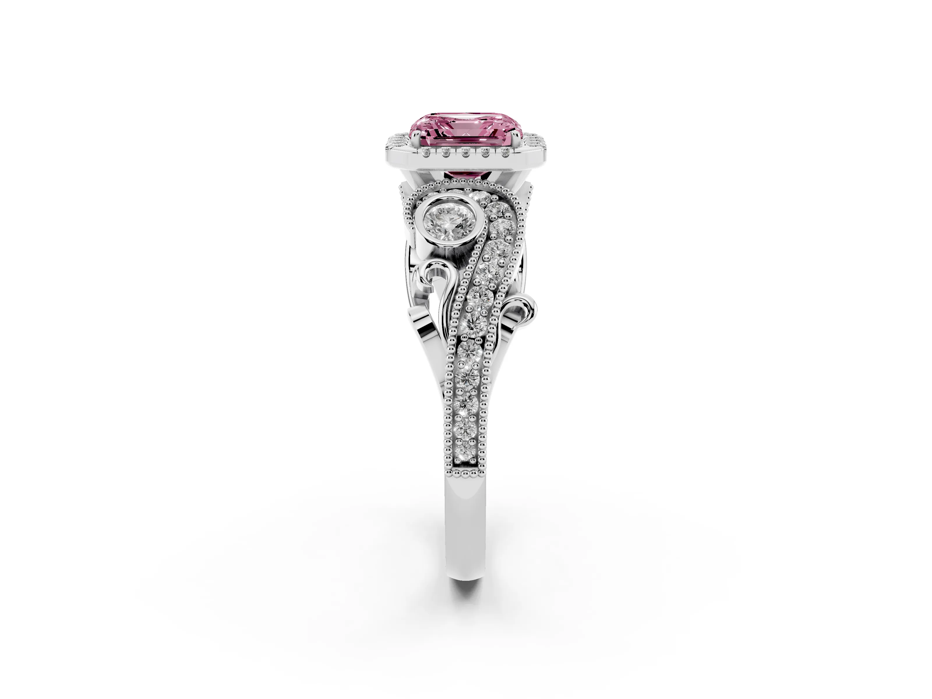 Fancy Pink Asscher Cut Diamond Halo Ring Set in Silver with Milgrain Pavé Band and Prong Setting