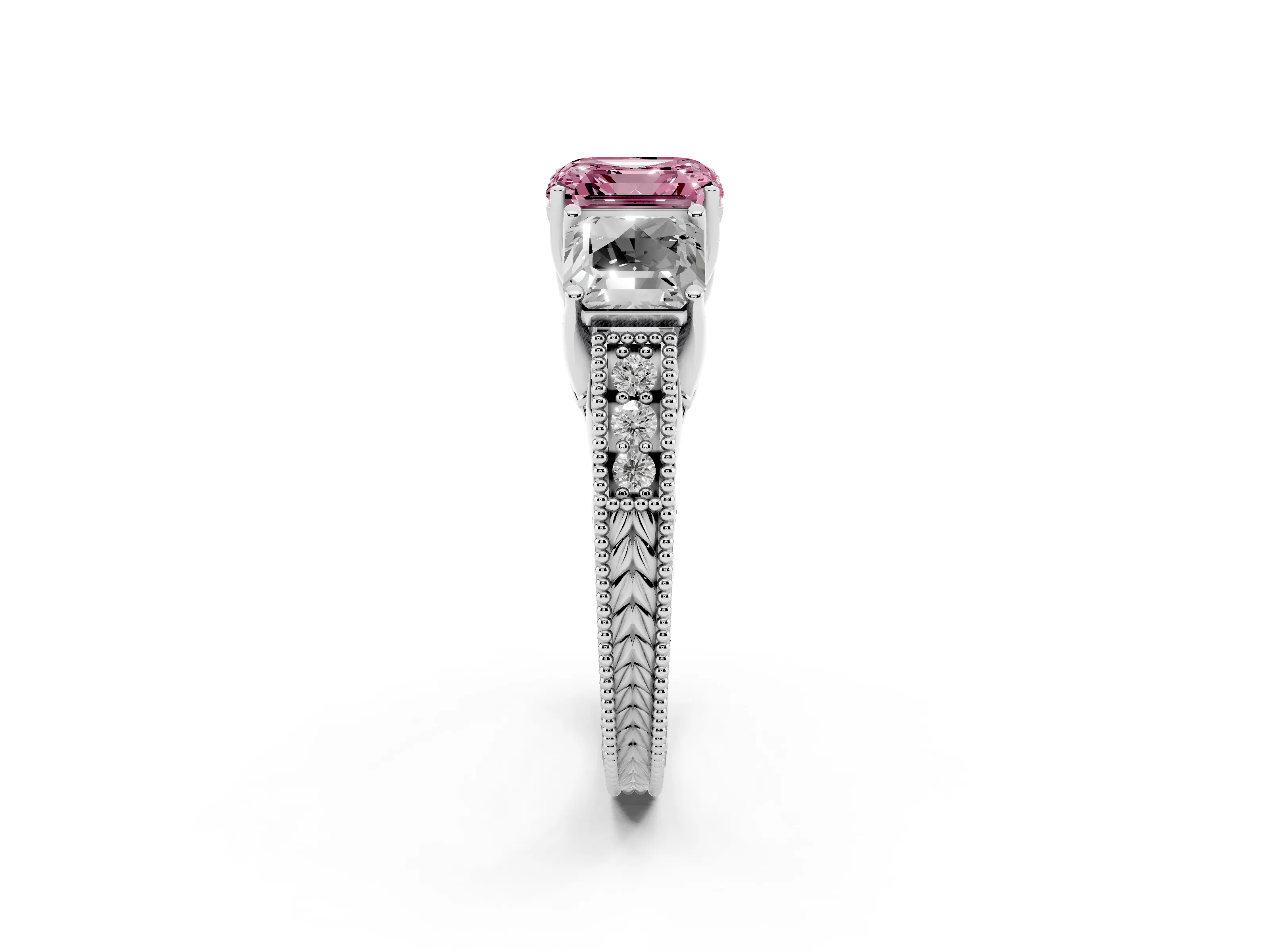Fancy Pink Asscher Cut Diamond Three-Stone Engagement Ring Set in Silver with Milgrain Pavé Band