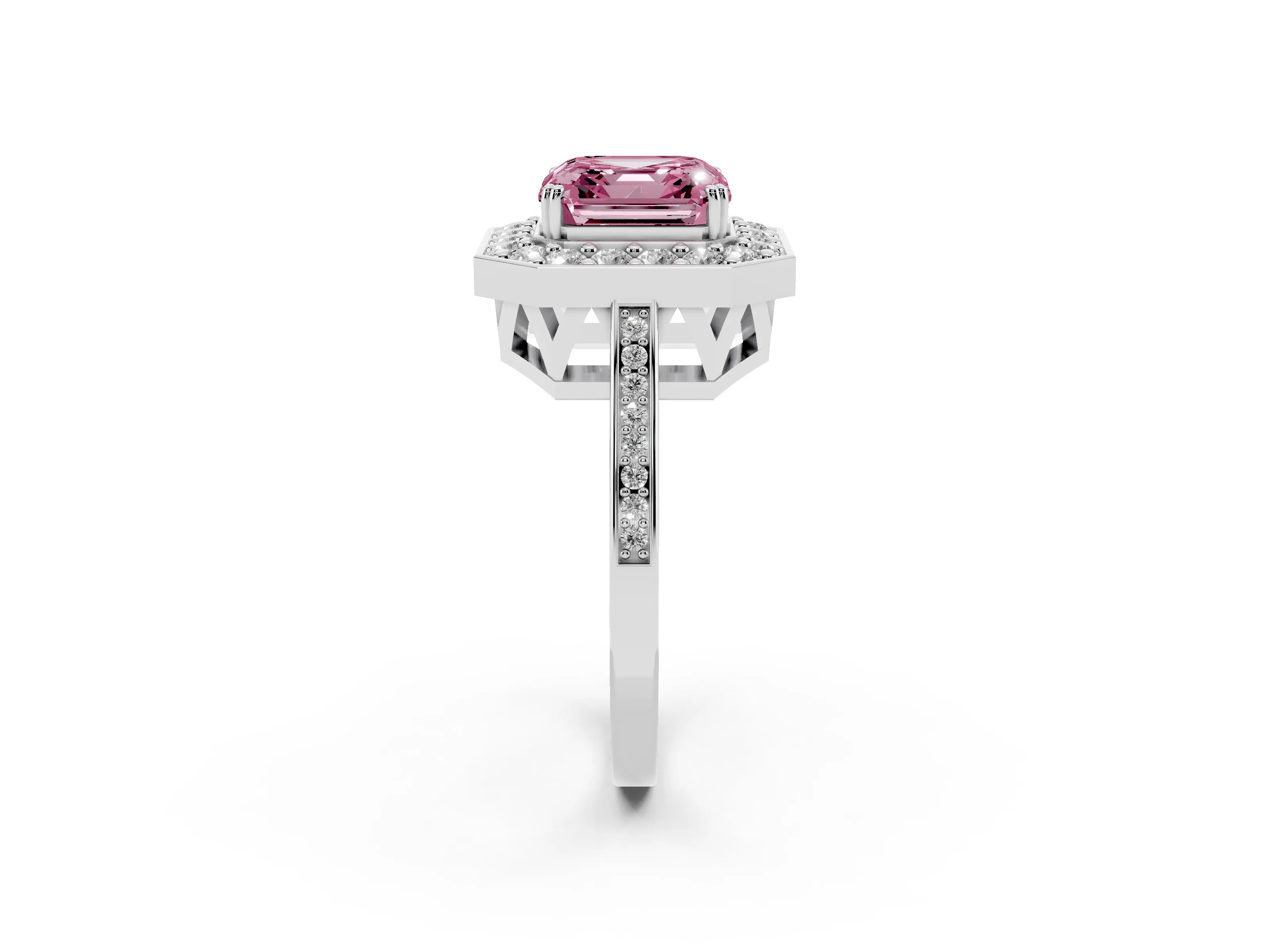 Fancy Pink Asscher Cut Diamond Halo Ring Set in Silver with Accent-Lined Split Shank and Prong Setting