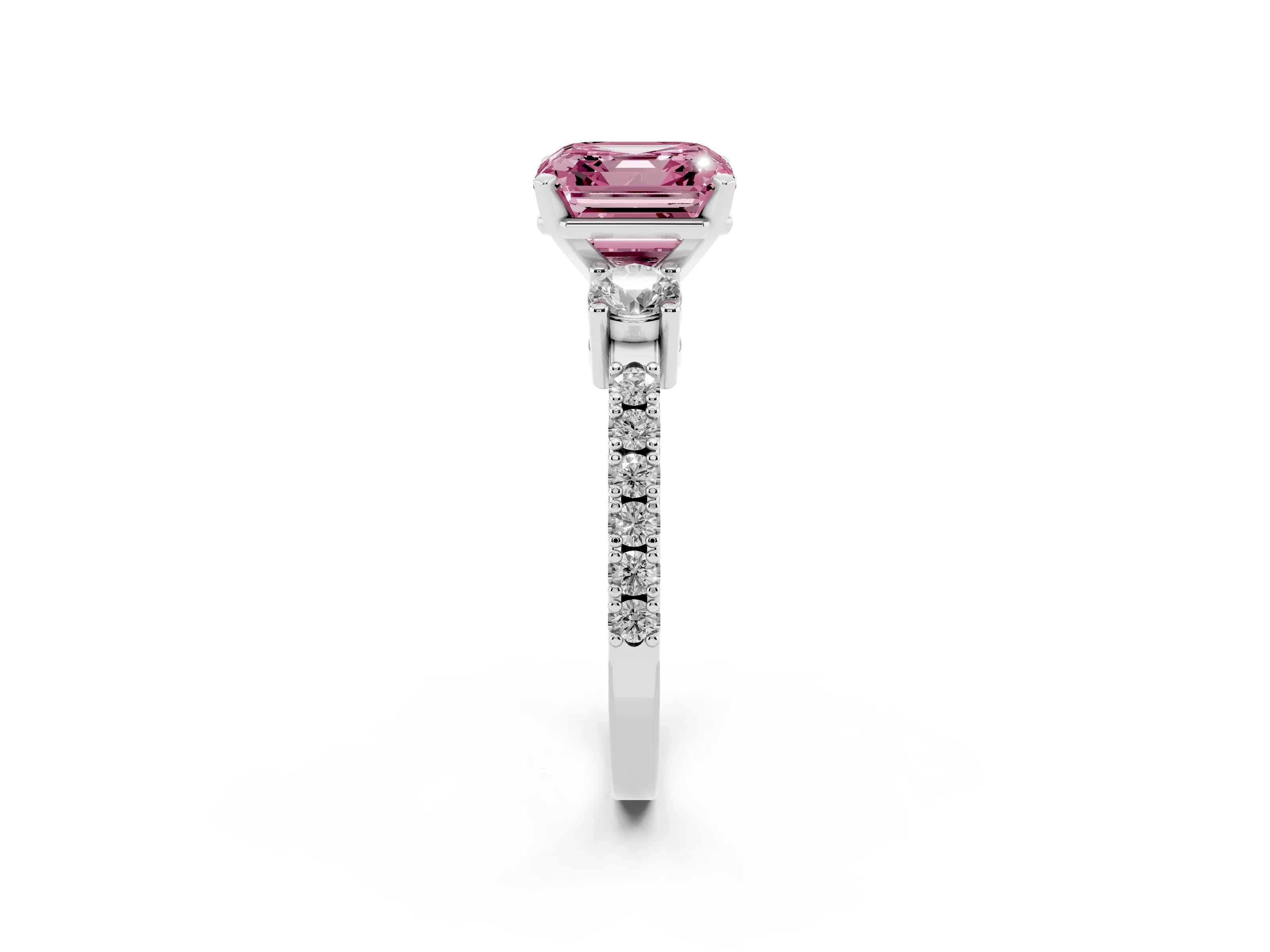 Fancy Pink Three-Stone Asscher Cut Diamond Pavé Band Ring Set in Platinum with Prong Setting