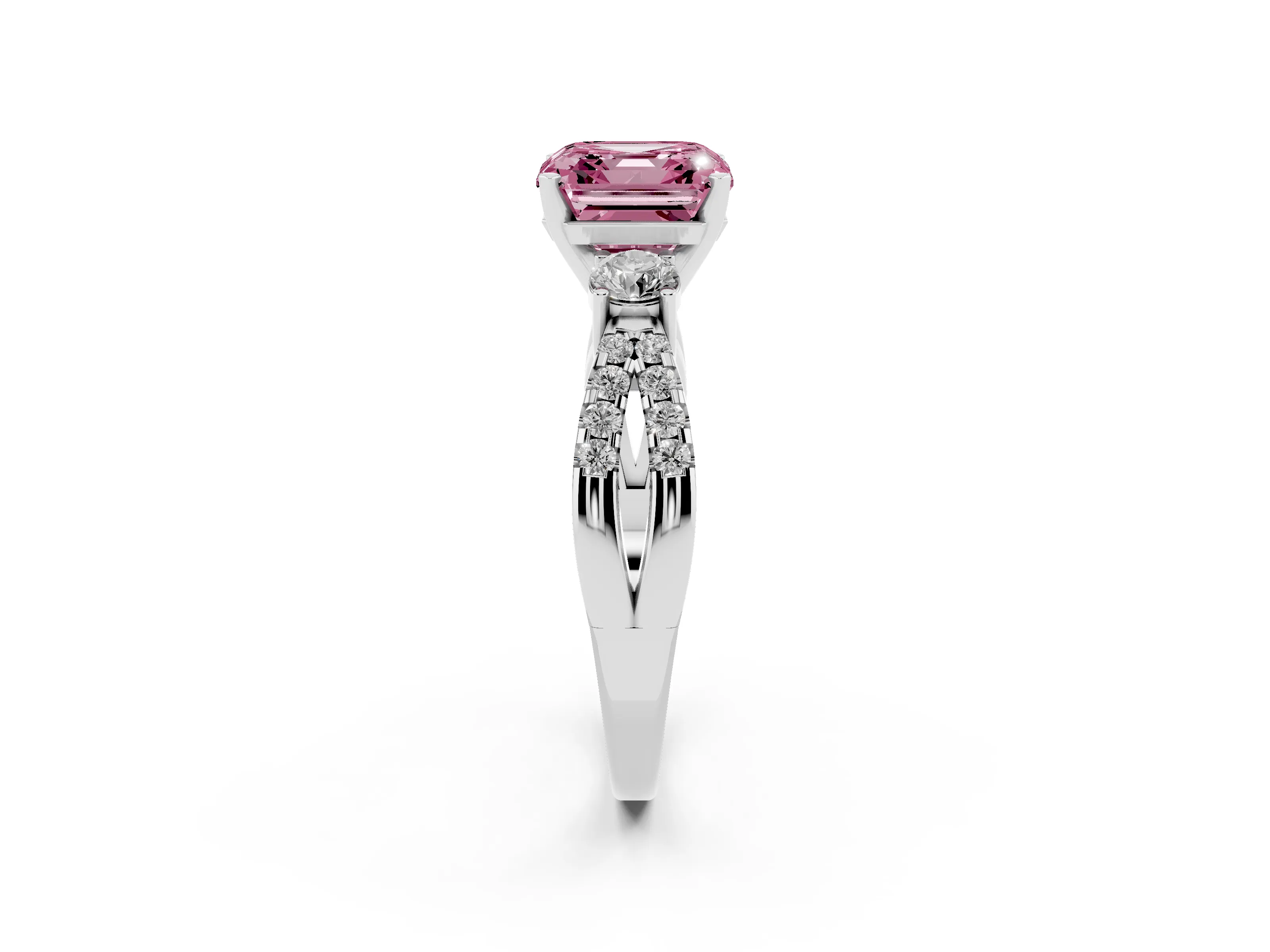 Fancy Pink Asscher Cut Diamond Three-Stone Ring Set in Platinum with Pavé Split Shank and Prong Setting