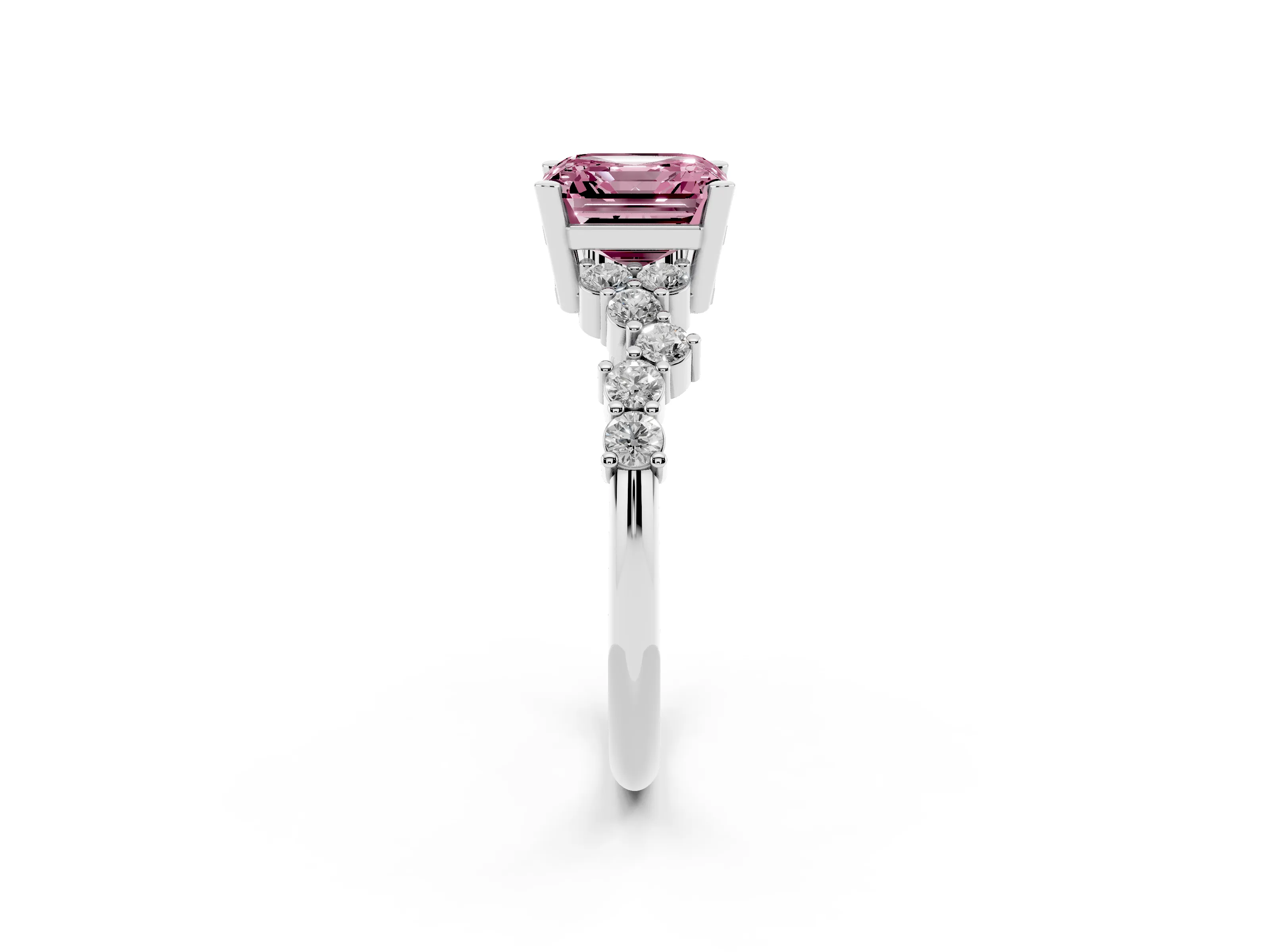 Fancy Pink Asscher Cut Diamond Ring Set in White gold with Scattered Round Accents