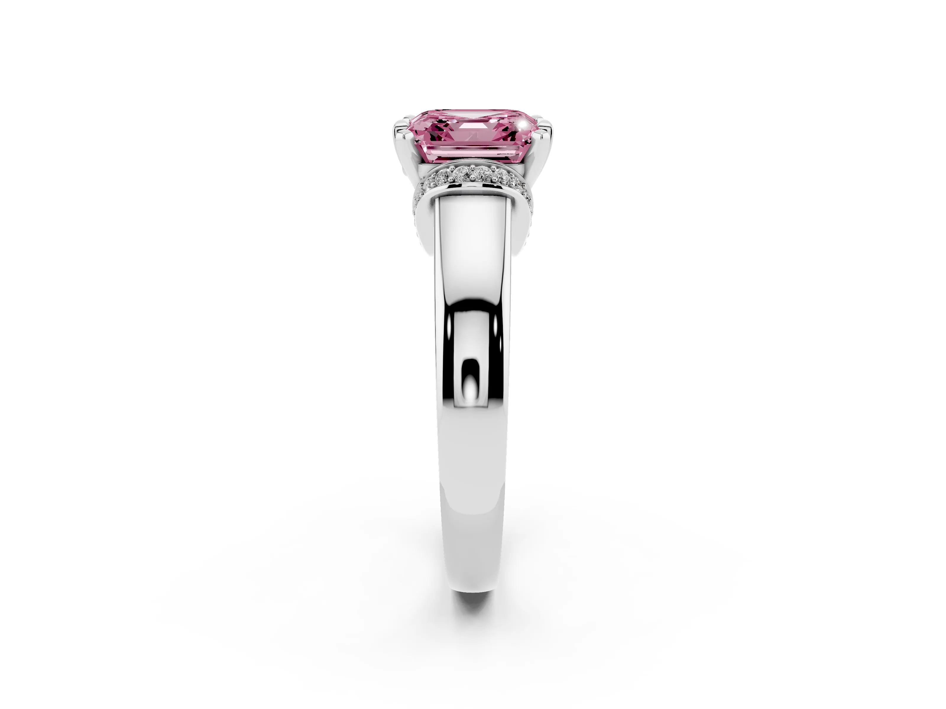 Fancy Pink Asscher Cut Diamond Pavé Band Solitaire Ring Set in Silver with Prong Setting