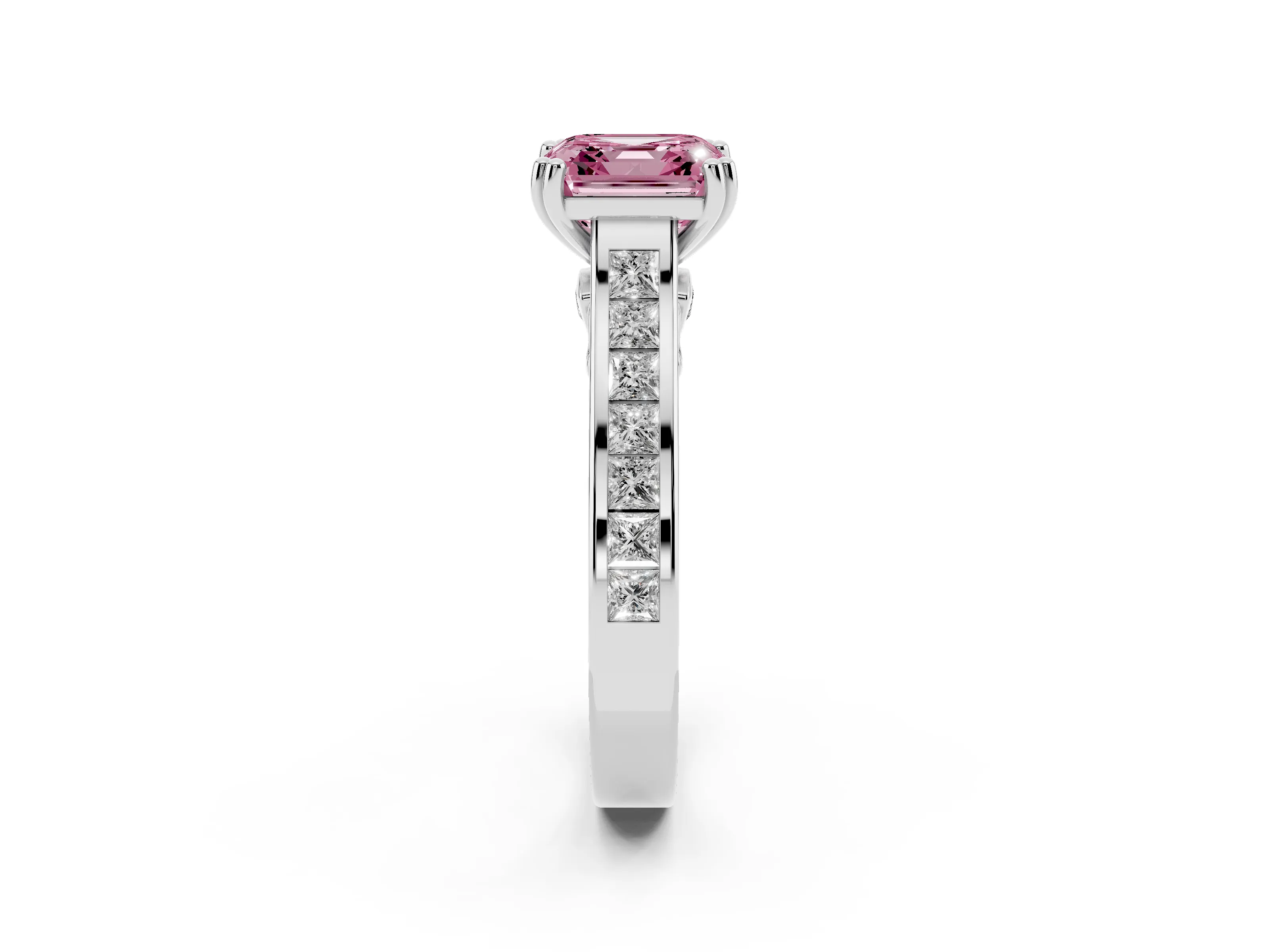 Fancy Pink Asscher Cut Diamond Channel Set Solitaire Engagement Ring Set in Silver with Prong Setting