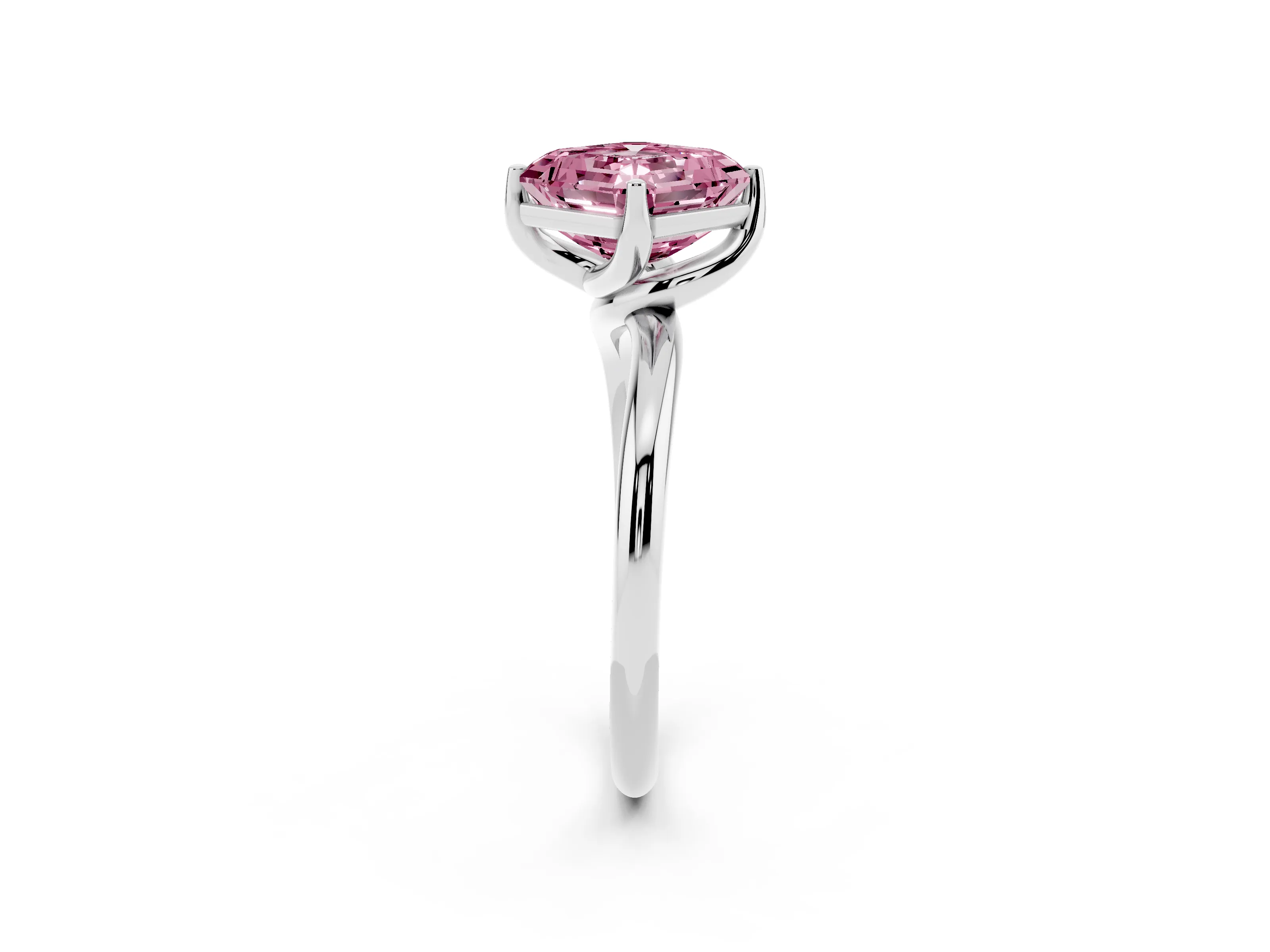 Fancy Pink Asscher Cut Diamond Solitaire Engagement Ring Set in White gold with Classic Plain Band