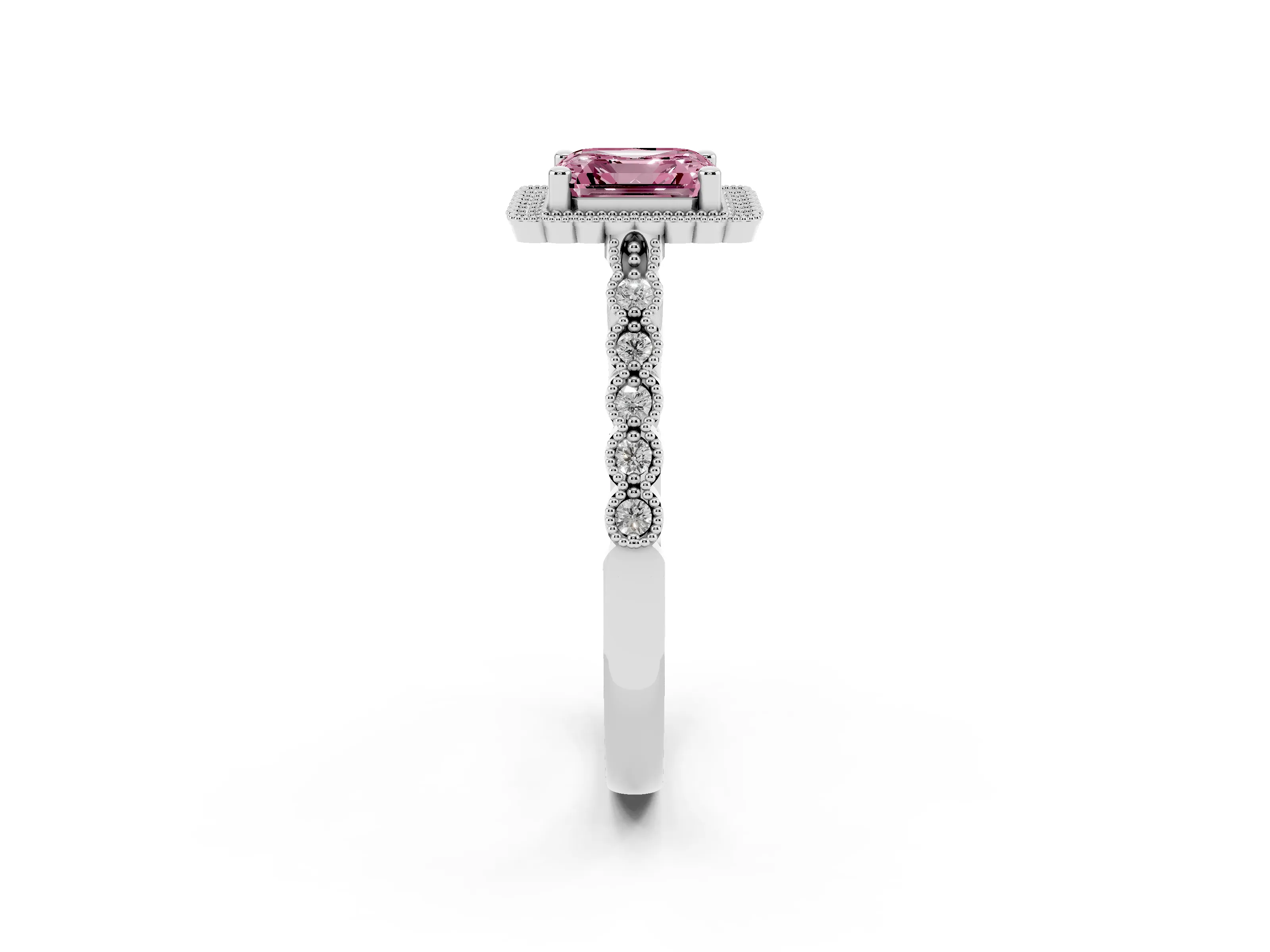 Fancy Pink Asscher Cut Diamond Halo Ring Set in Platinum with Pavé Milgrain Band