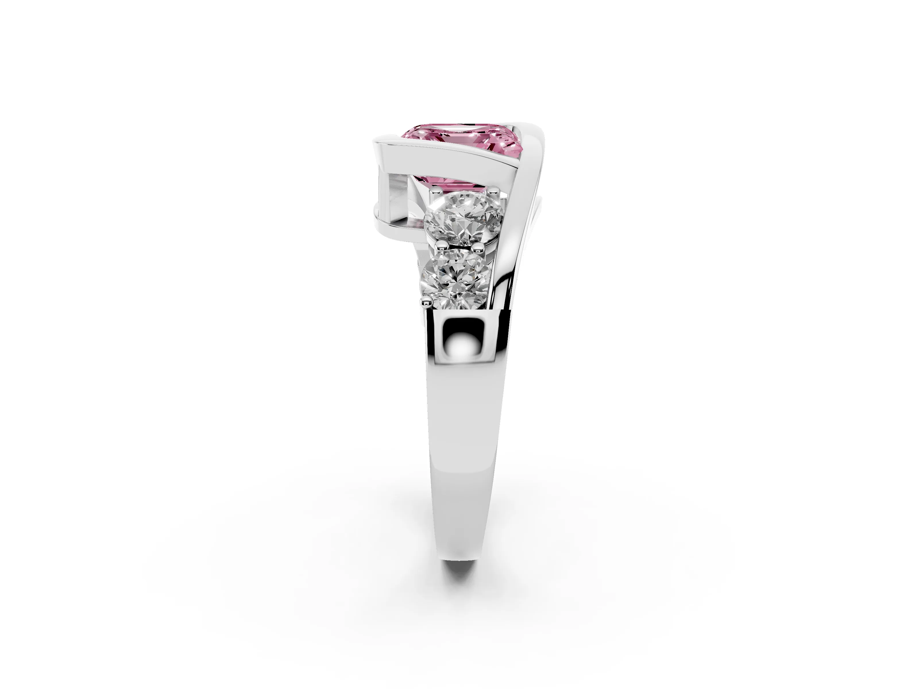 Fancy Pink Asscher Cut Diamond Bezel Bypass Ring Set in Silver with Round Accents