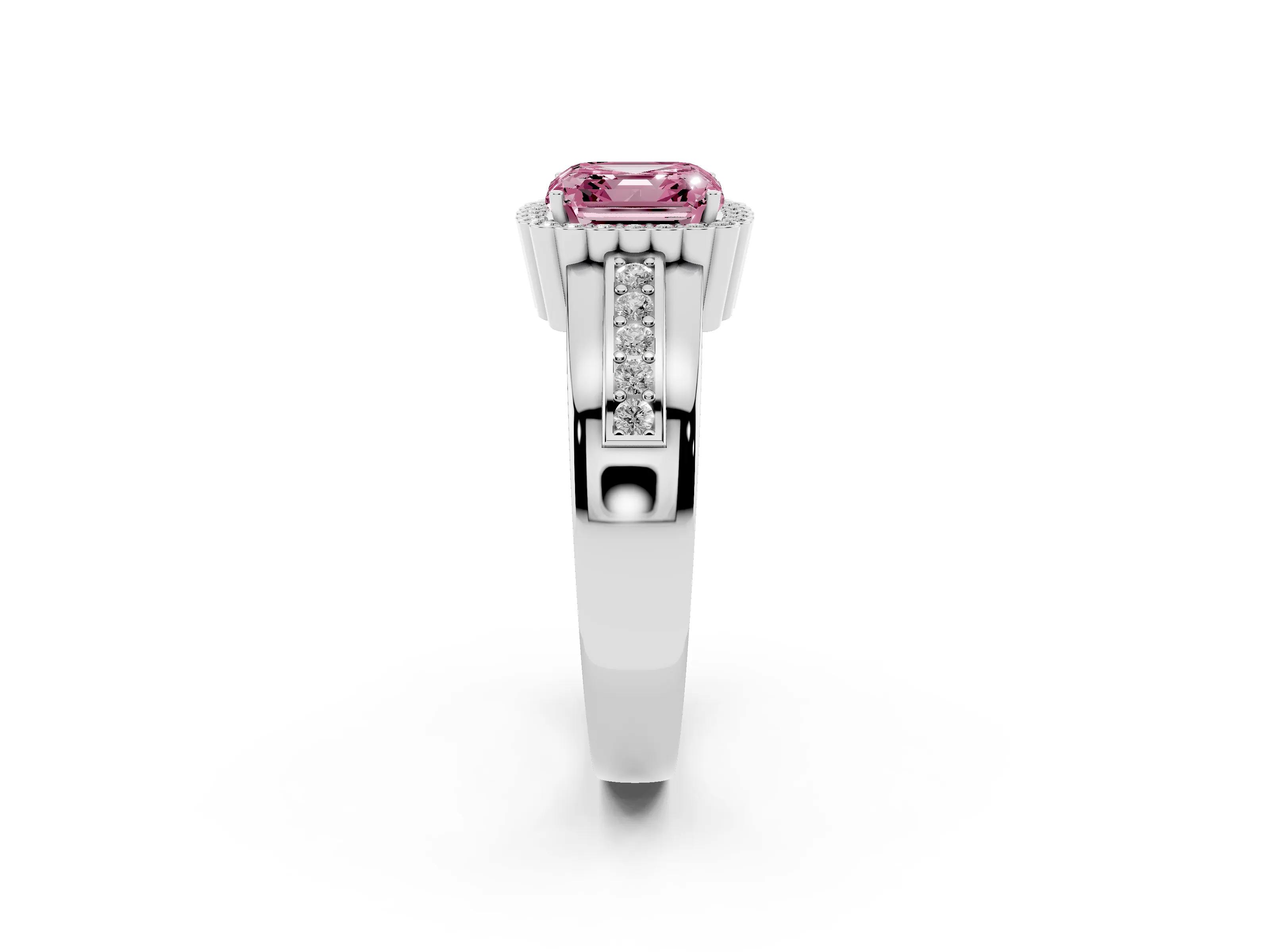 Fancy Pink Asscher Cut Diamond Halo Prong Ring Set in Silver with Pavé Band