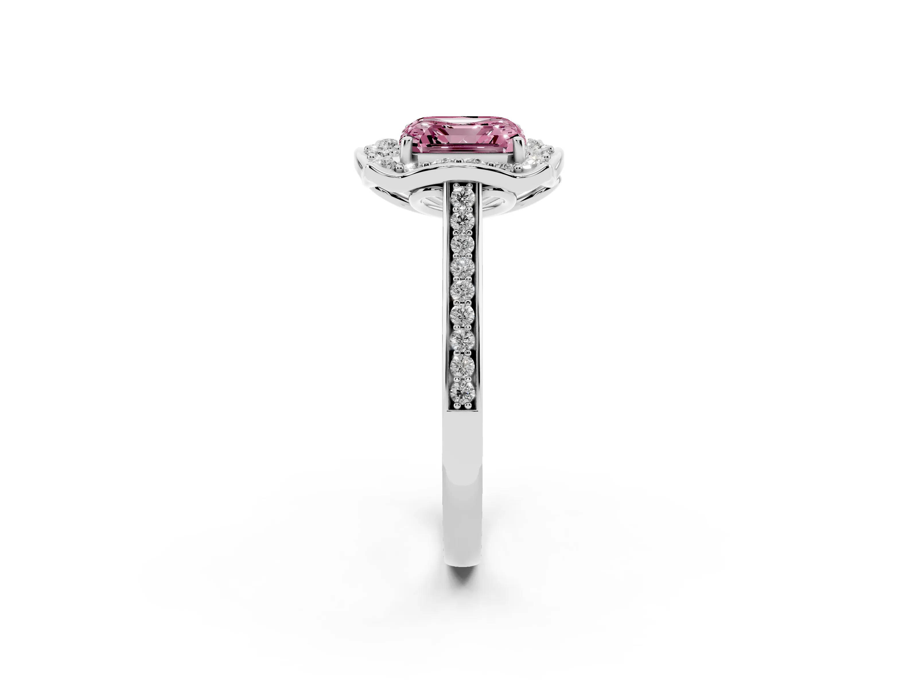 Fancy Pink Asscher Cut Diamond Halo Ring Set in Silver with Pavé-Lined Shoulders and Prong Setting