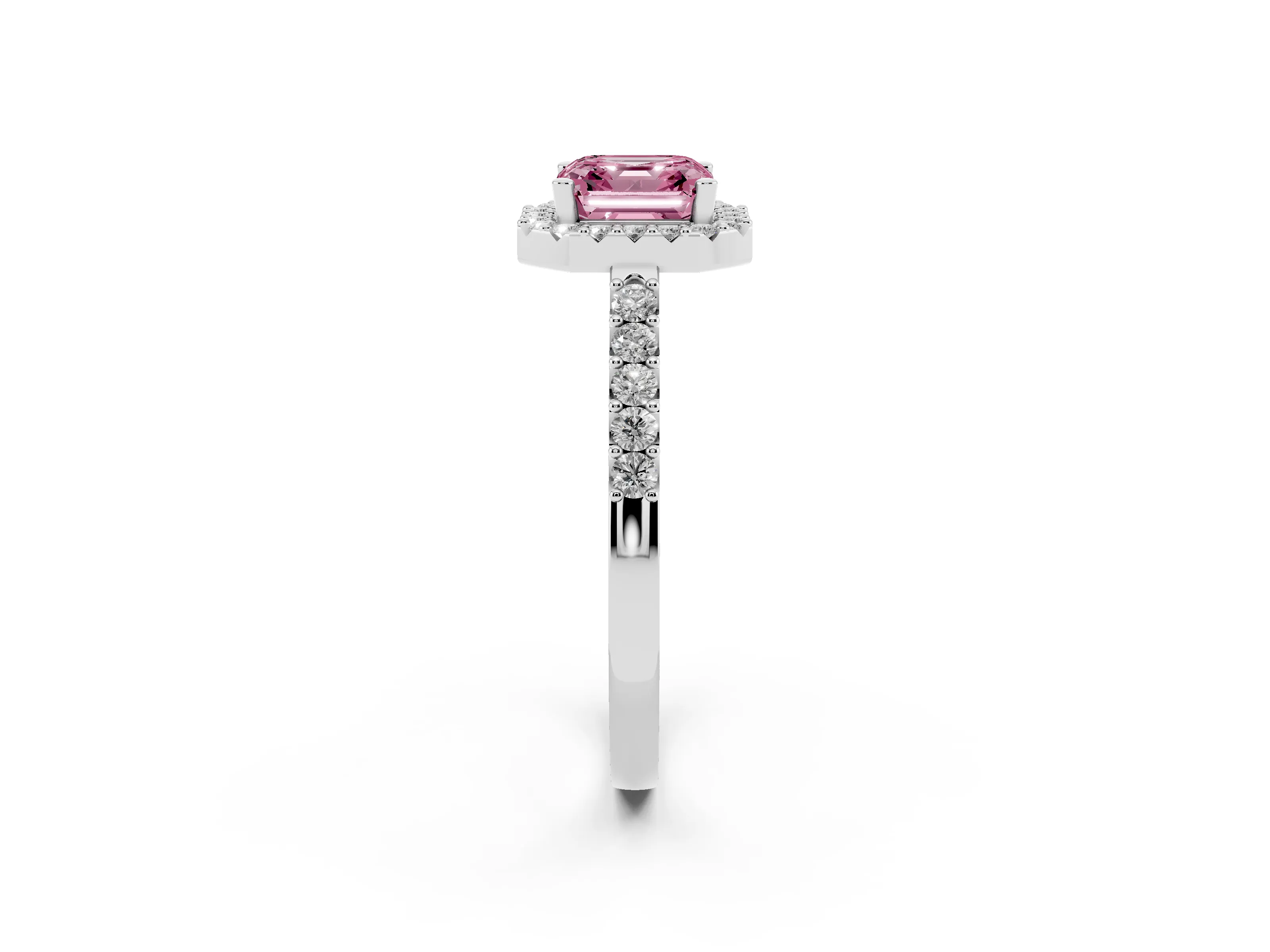 Fancy Pink Asscher Cut Diamond Halo Pavé Solitaire Ring Set in Platinum with Prong-Set Center Stone