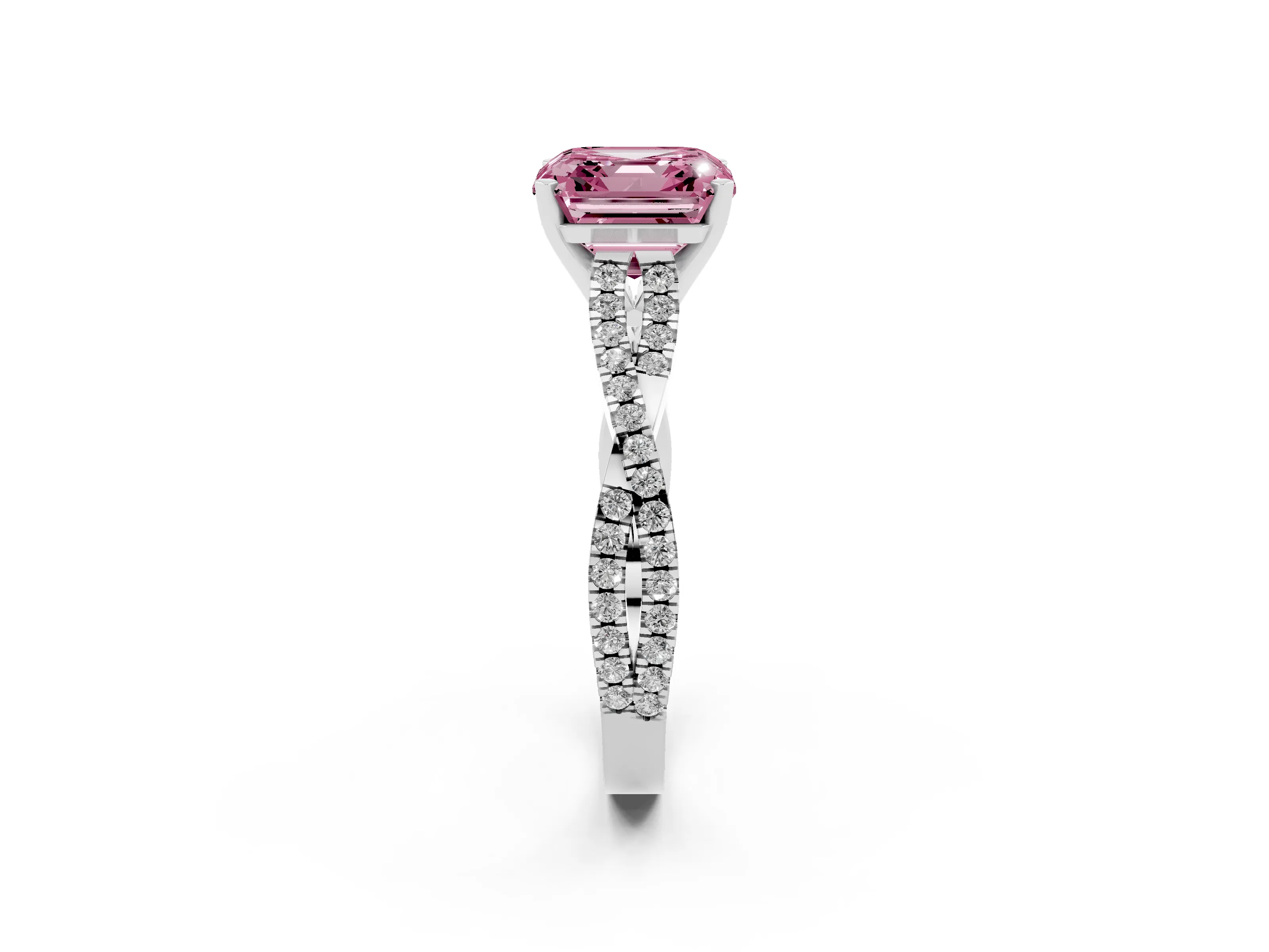 Fancy Pink Asscher Cut Diamond Solitaire Engagement Ring Set in White gold with Twisted Pavé Band and Prong Setting