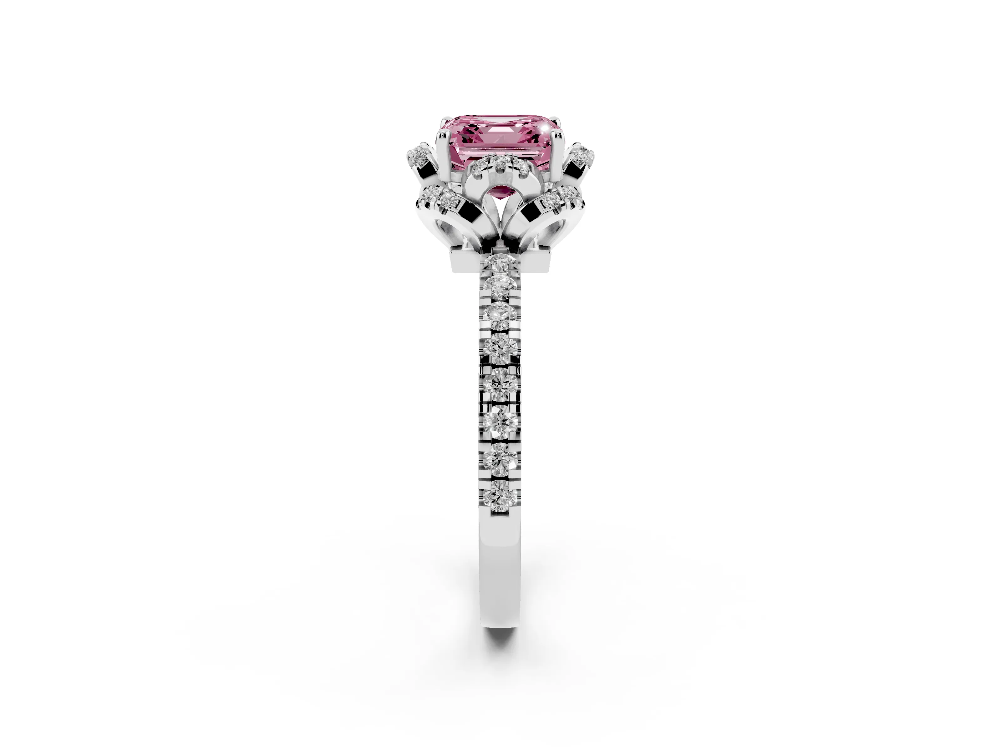 Fancy Pink Asscher Cut Diamond Halo Pavé Ring Set in White gold with Prong-Held Center Stone