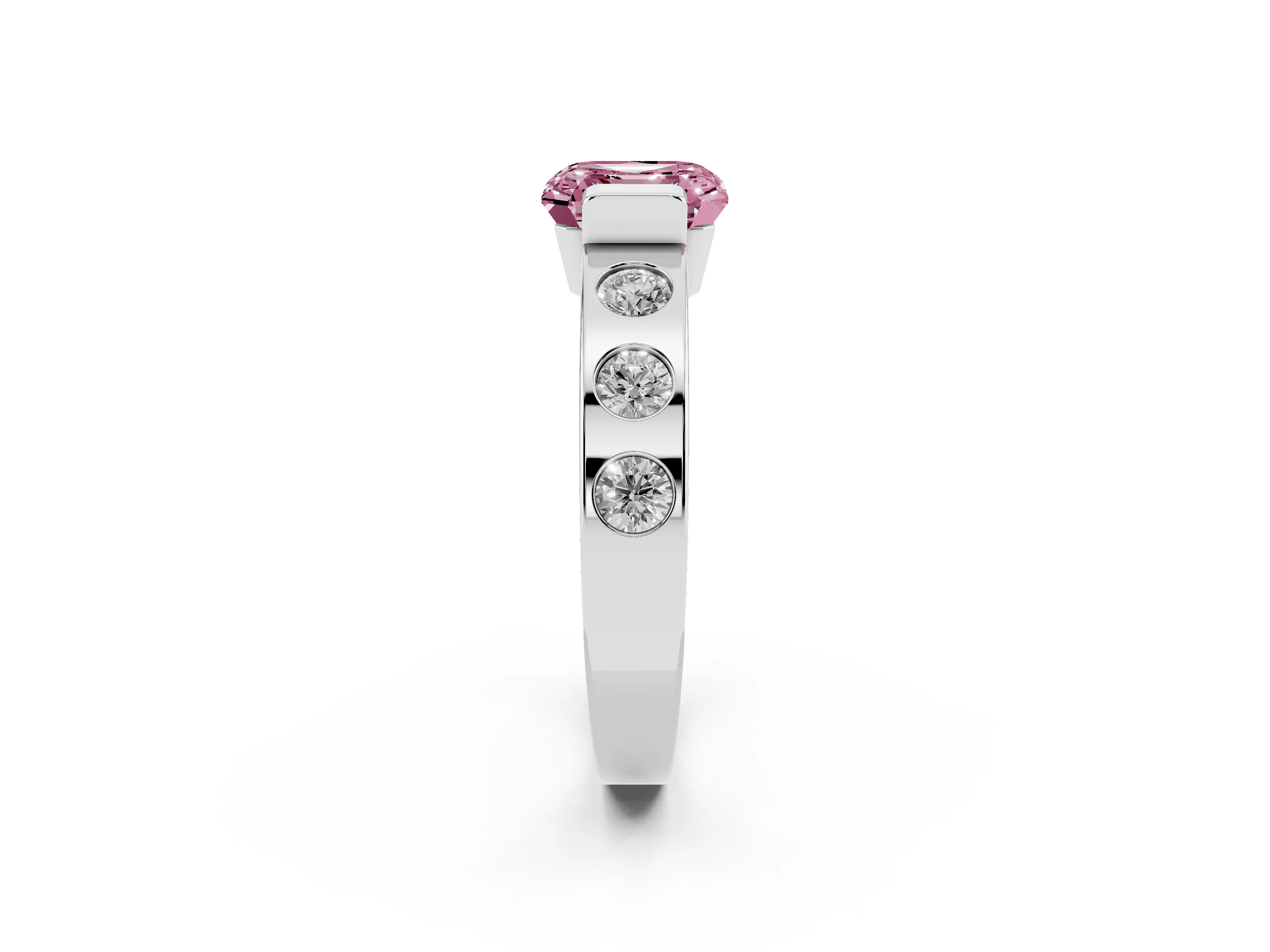 Fancy Pink Asscher Cut Diamond Channel-Set Band Ring Set in Silver with Bezel Prong Setting