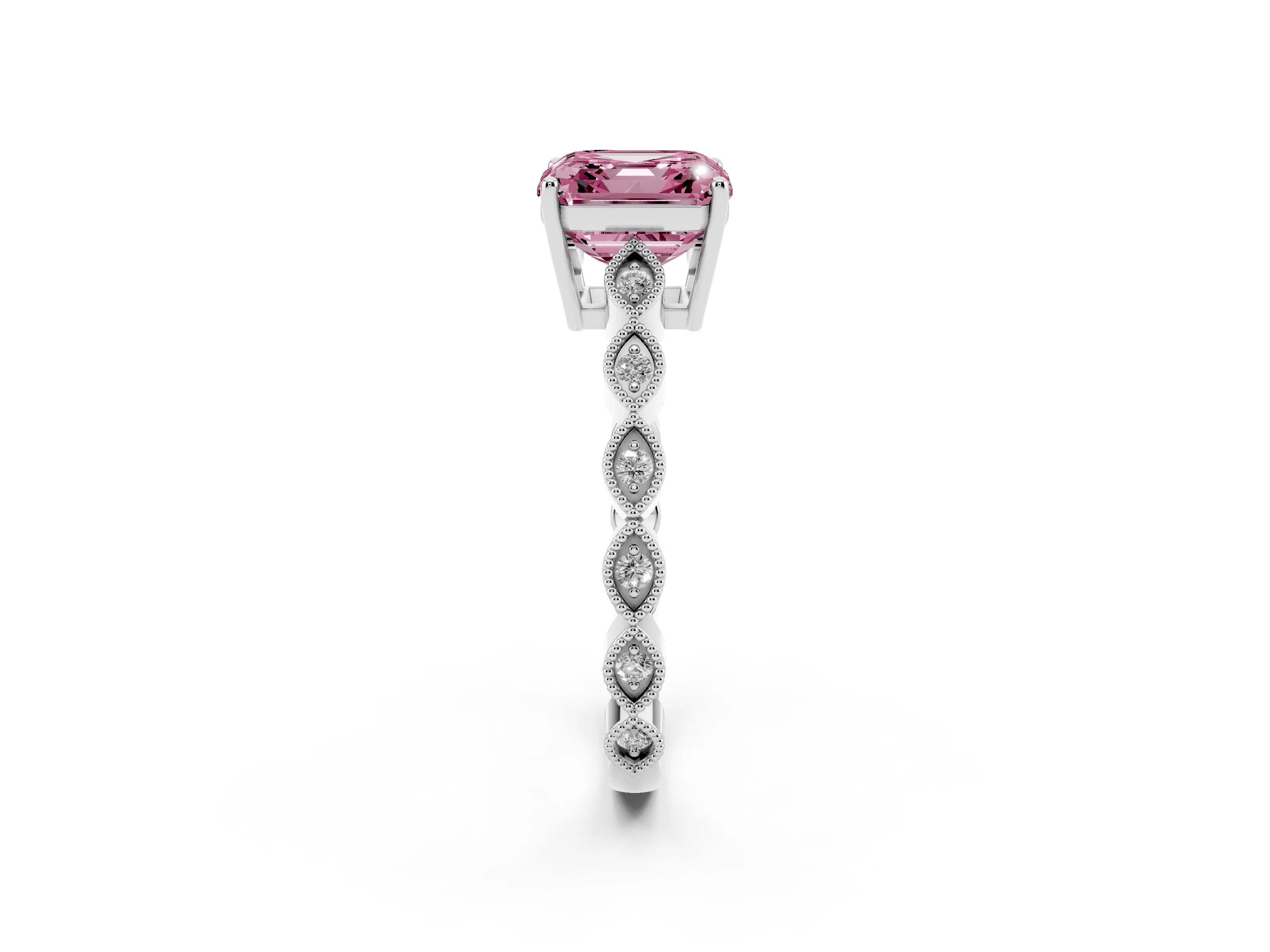 Fancy Pink Asscher Cut Diamond Solitaire Ring Set in White gold with Infinity Twist Pavé Band