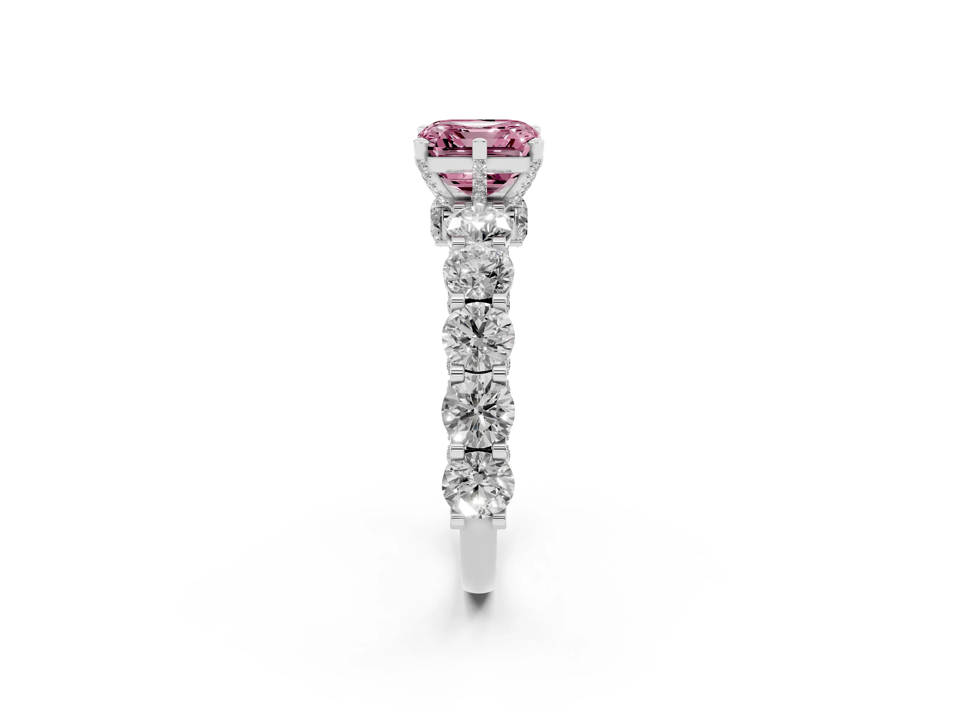 Fancy Pink Asscher Cut Diamond Side Stone Ring Set in White gold with Alternating Round and Oval Side Stones