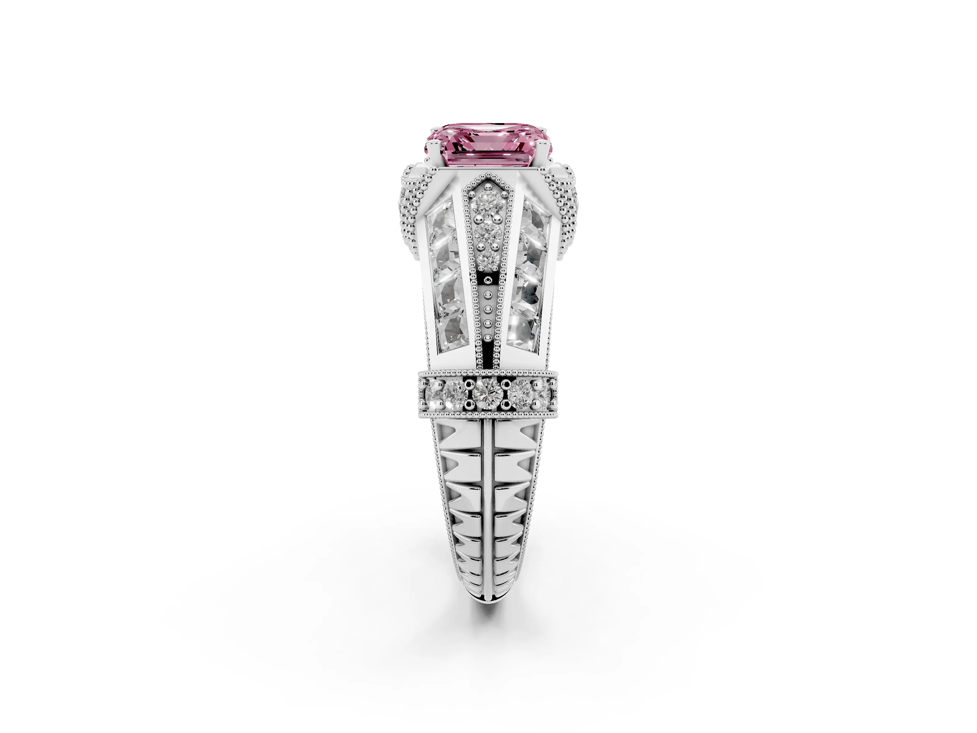 Fancy Pink Asscher Cut Diamond Vintage-Inspired Milgrain Ring Set in Platinum with Accent Split Shank