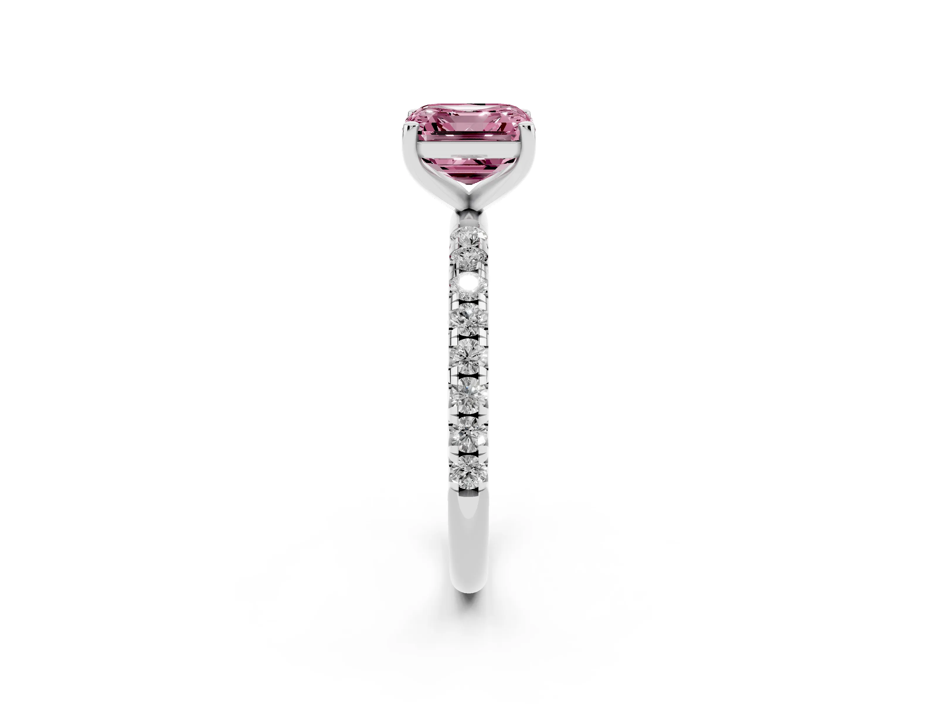 Fancy Pink Asscher Cut Diamond Solitaire Ring Set in Platinum with Micro Pavé Band and Prong Setting