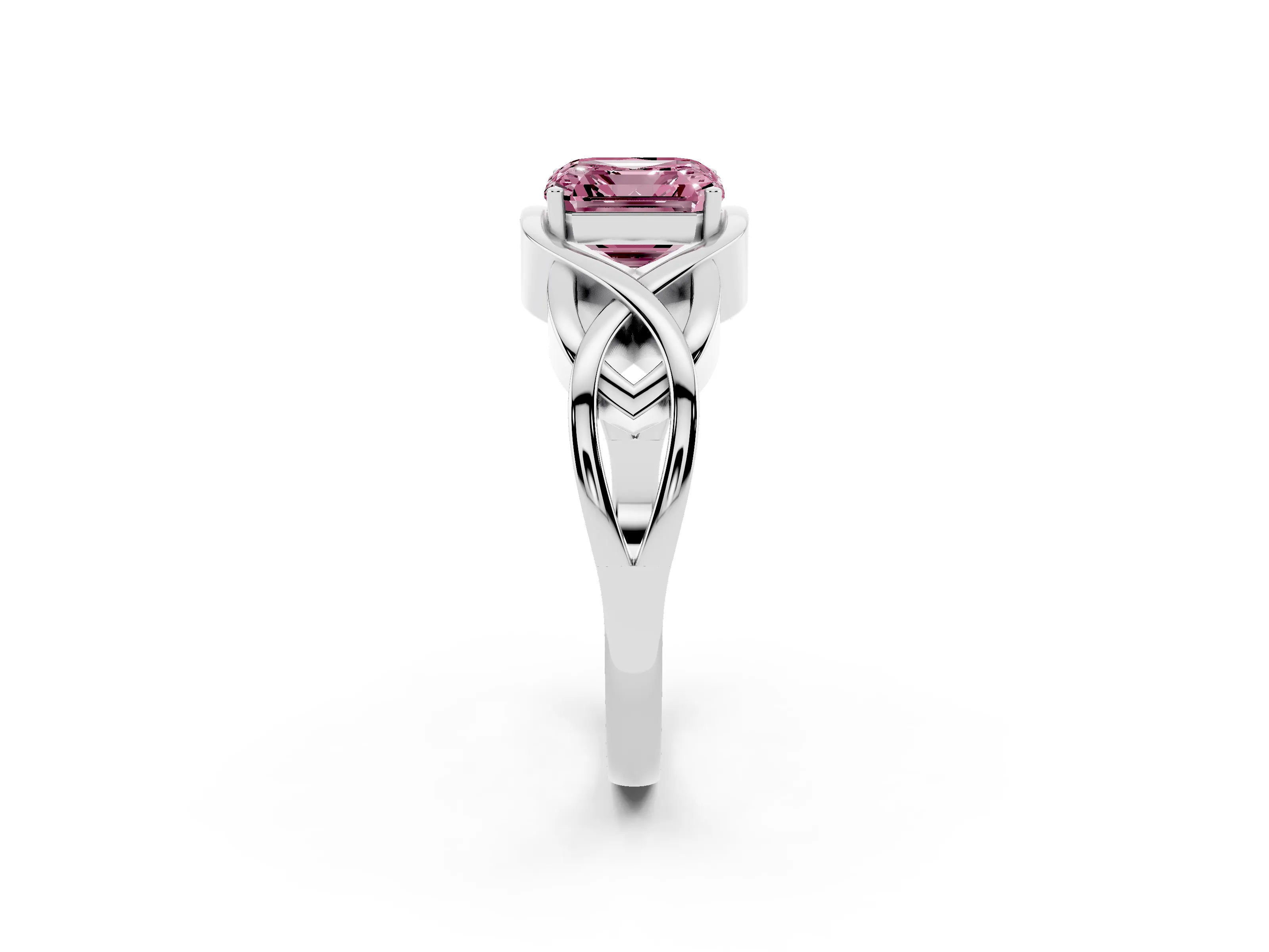 Fancy Pink Asscher Cut Diamond Solitaire Ring Set in Silver with Intertwined Band
