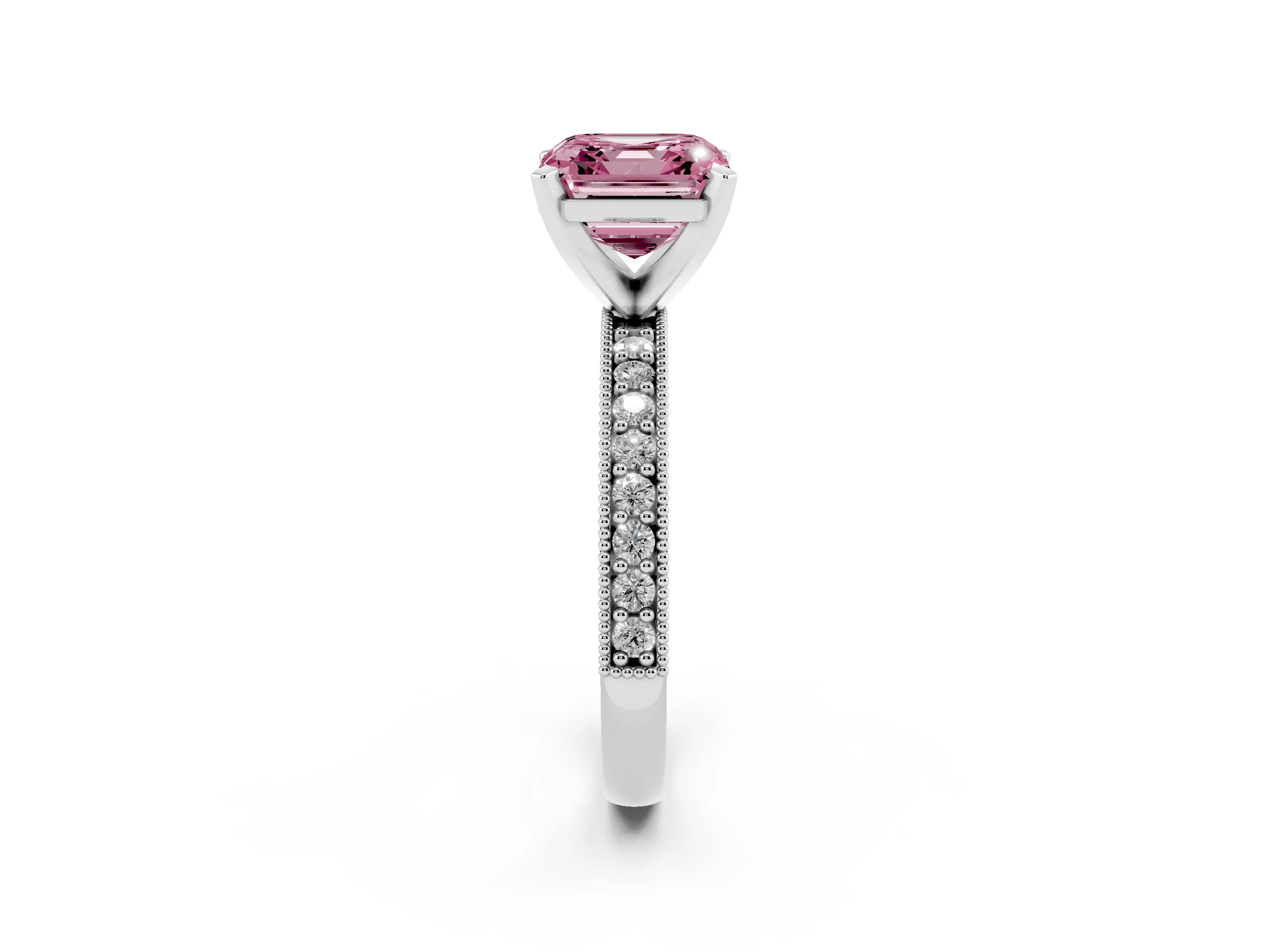 Fancy Pink Asscher Cut Diamond Milgrain Pavé Engagement Ring Set in Platinum with Prong Setting