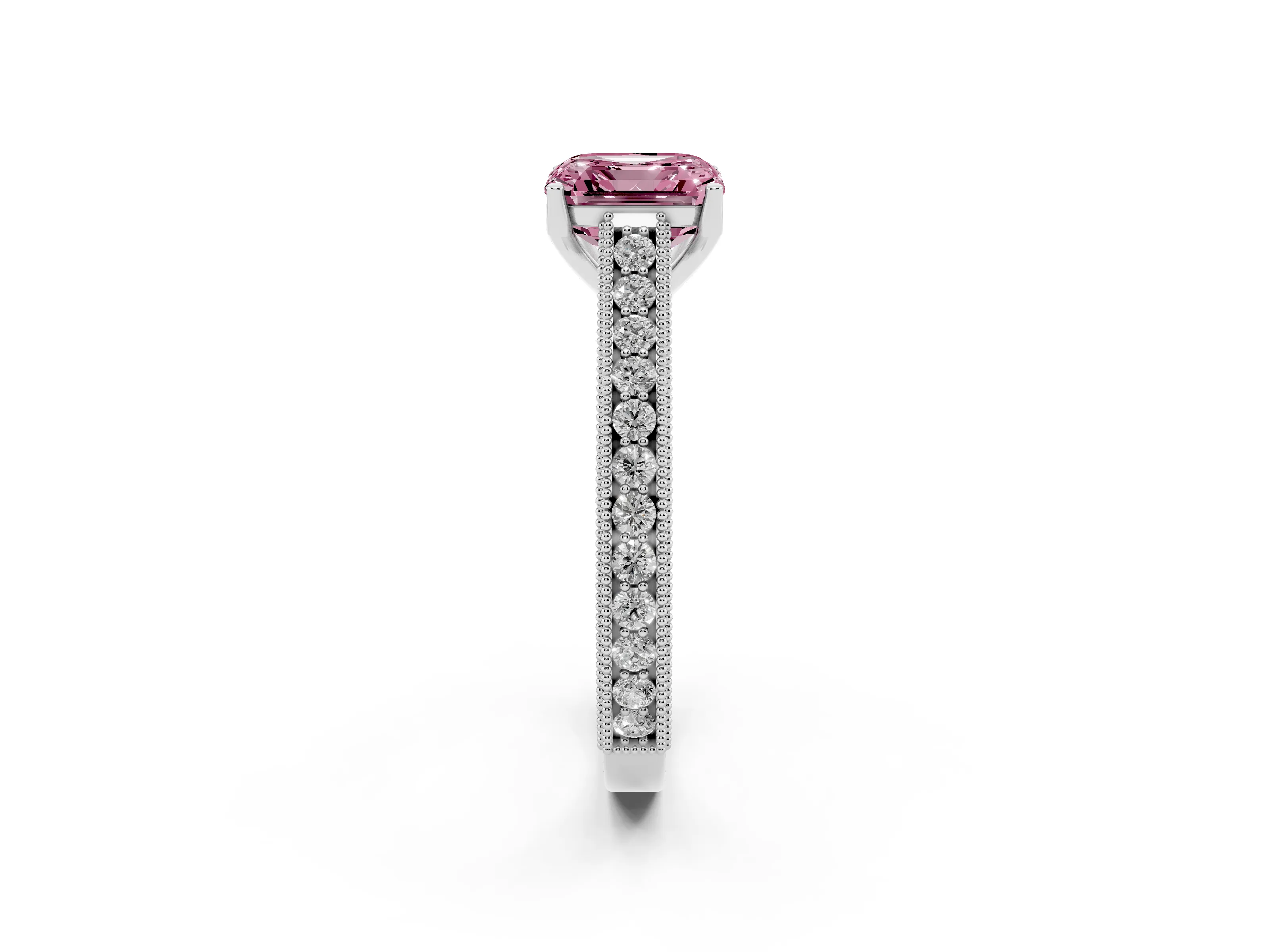Fancy Pink Asscher Cut Diamond Milgrain Pavé Band Solitaire Ring Set in White gold with Prong Setting