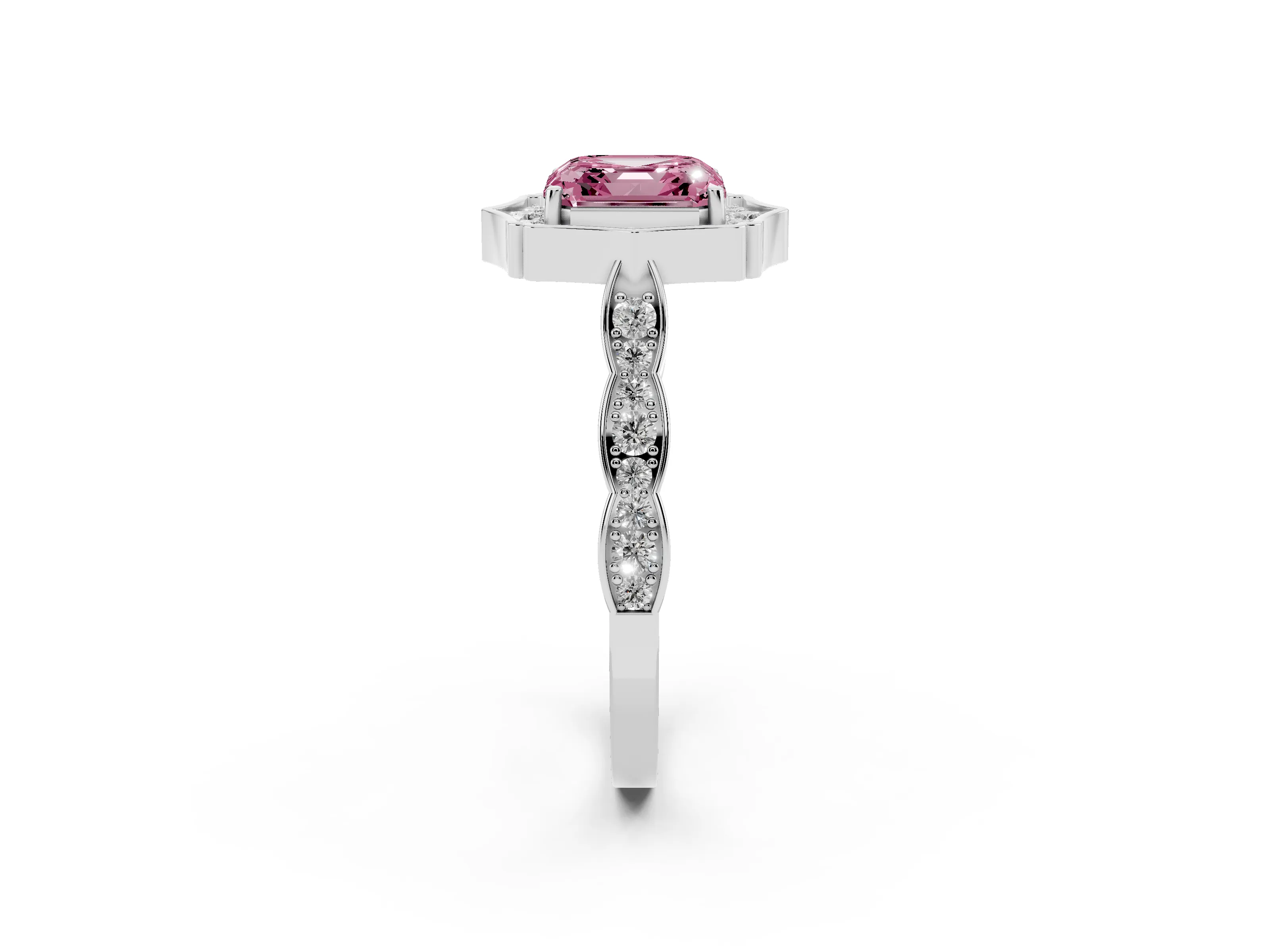 Fancy Pink Asscher Cut Diamond Halo Engagement Ring Set in Platinum with Milgrain Band and Prong Setting