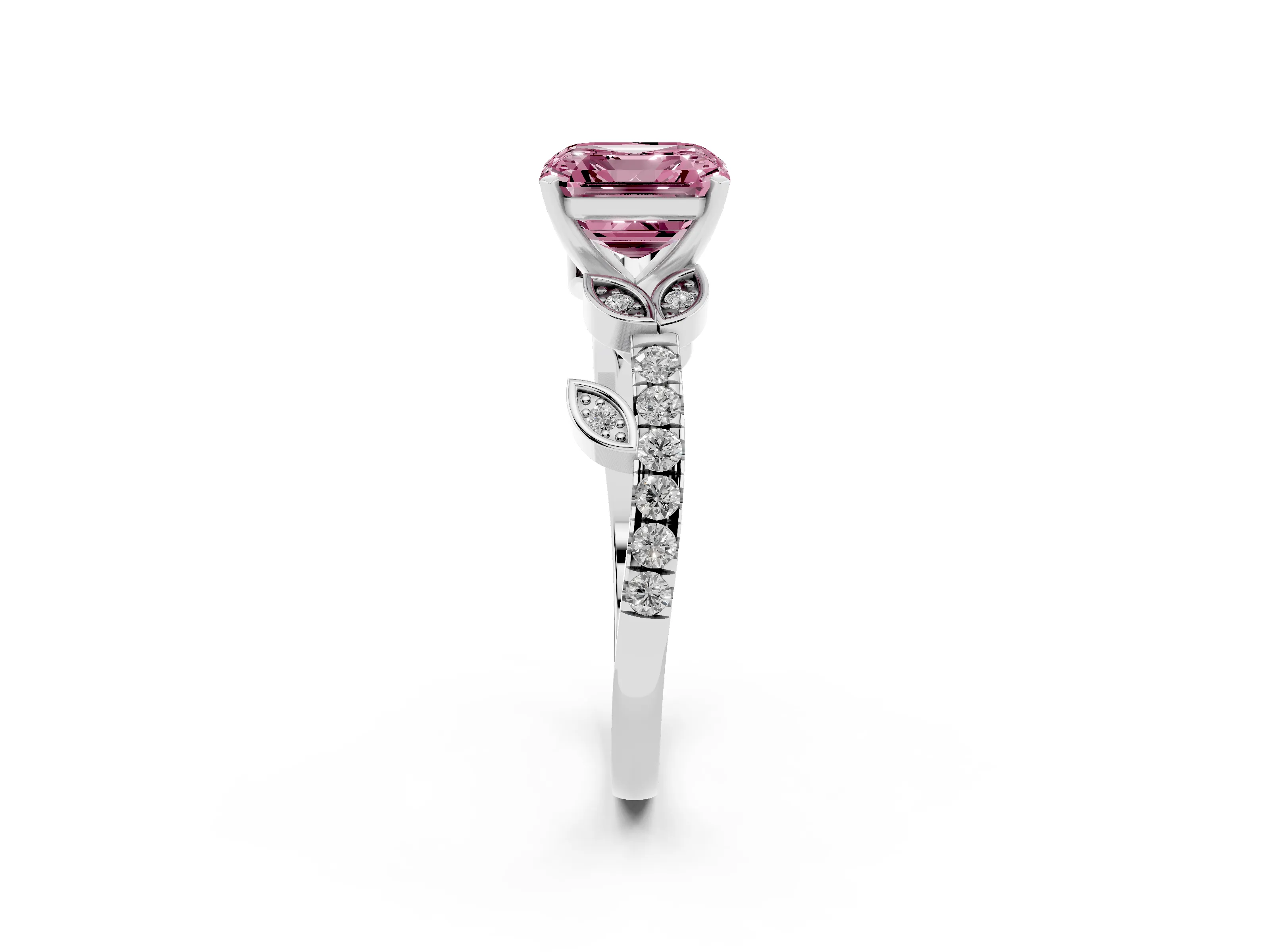 Fancy Pink Asscher Cut Diamond Solitaire Leaf-Inspired Ring Set in Silver with Pavé Band and Prong Setting