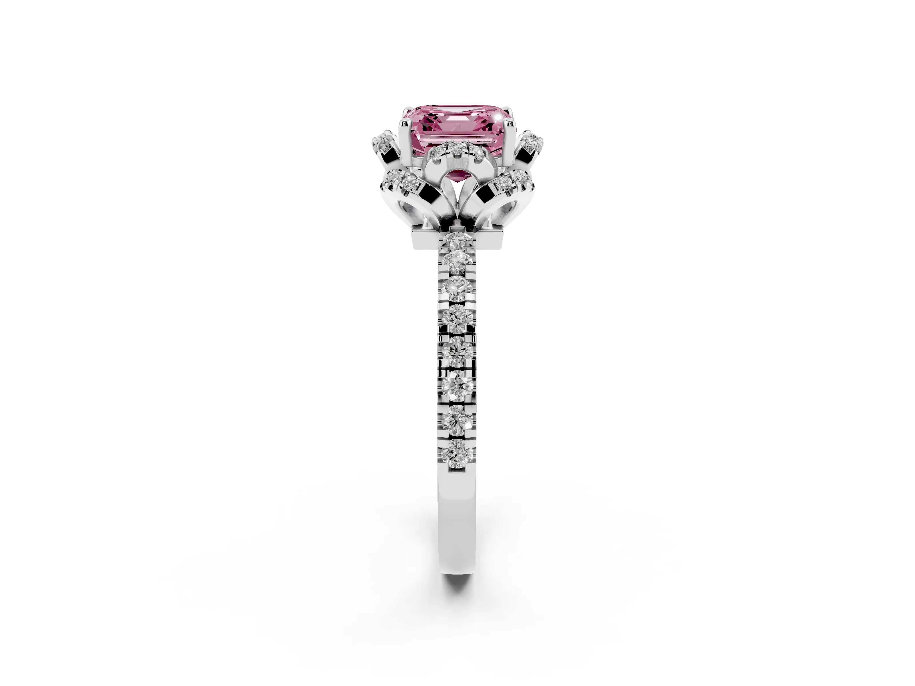 Fancy Pink Asscher Cut Diamond Halo Pavé Band Ring Set in Silver with Prong-Held Center