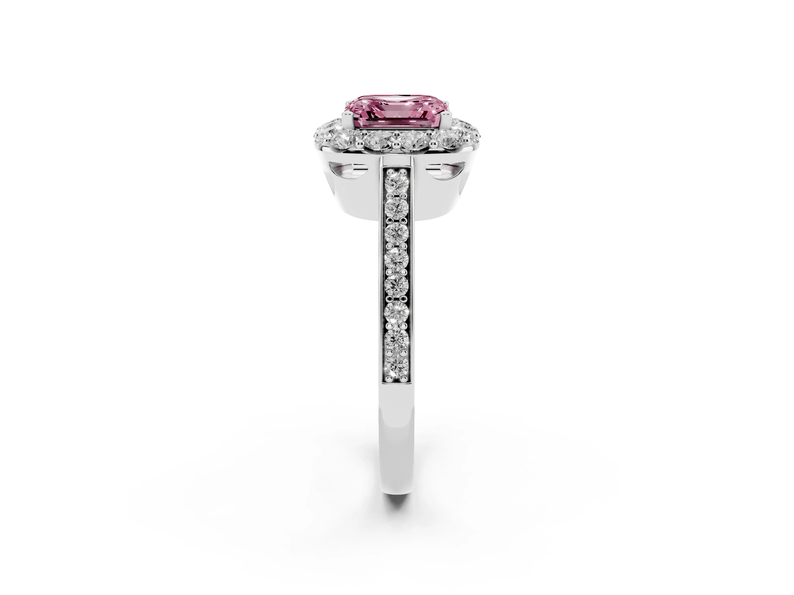 Fancy Pink Asscher Cut Diamond Floral Halo Ring Set in Platinum with Pavé Band and Prong Setting