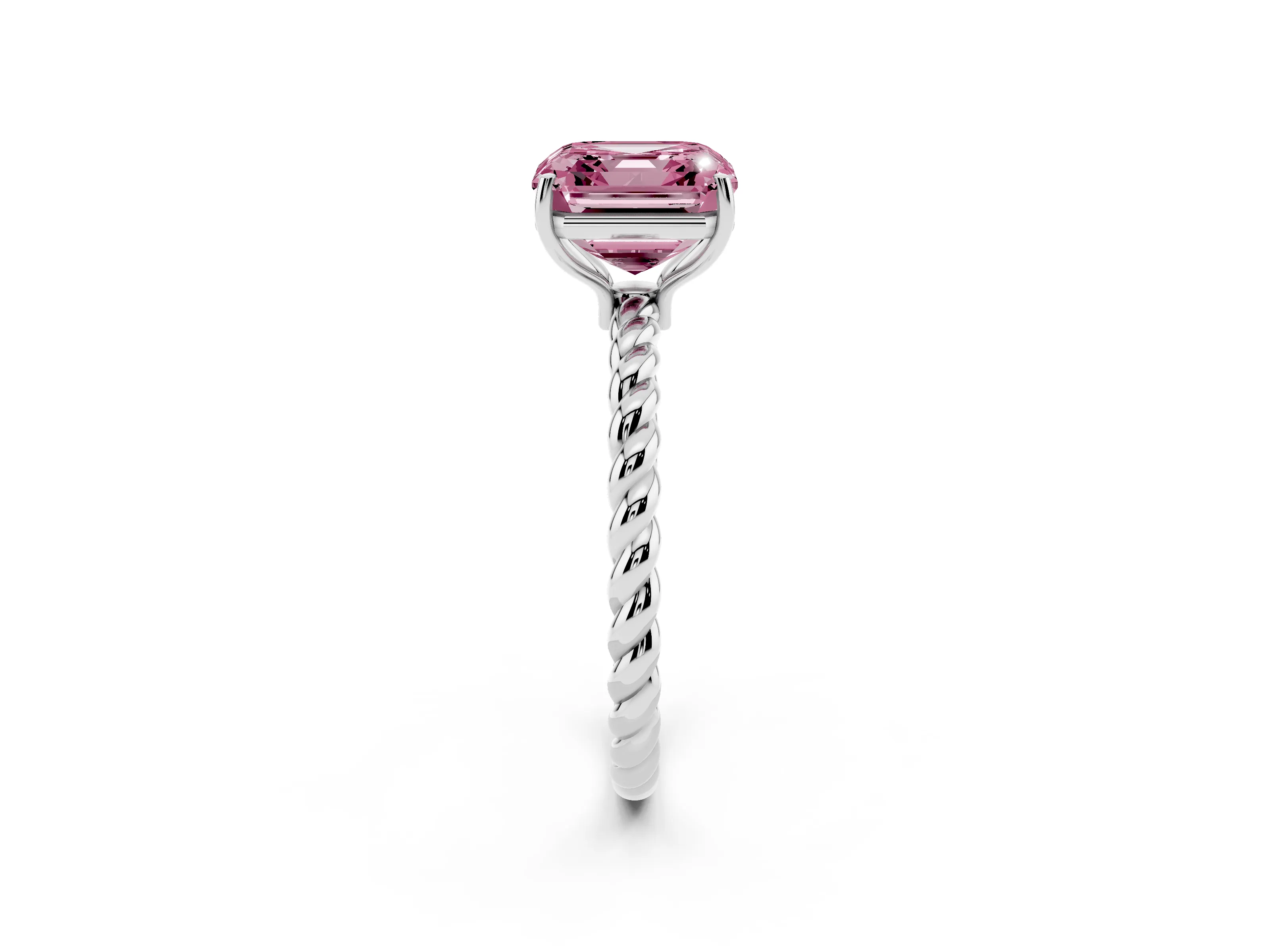 Fancy Pink Asscher Cut Diamond Solitaire Ring Set in White gold with Twist Band and Prong Setting