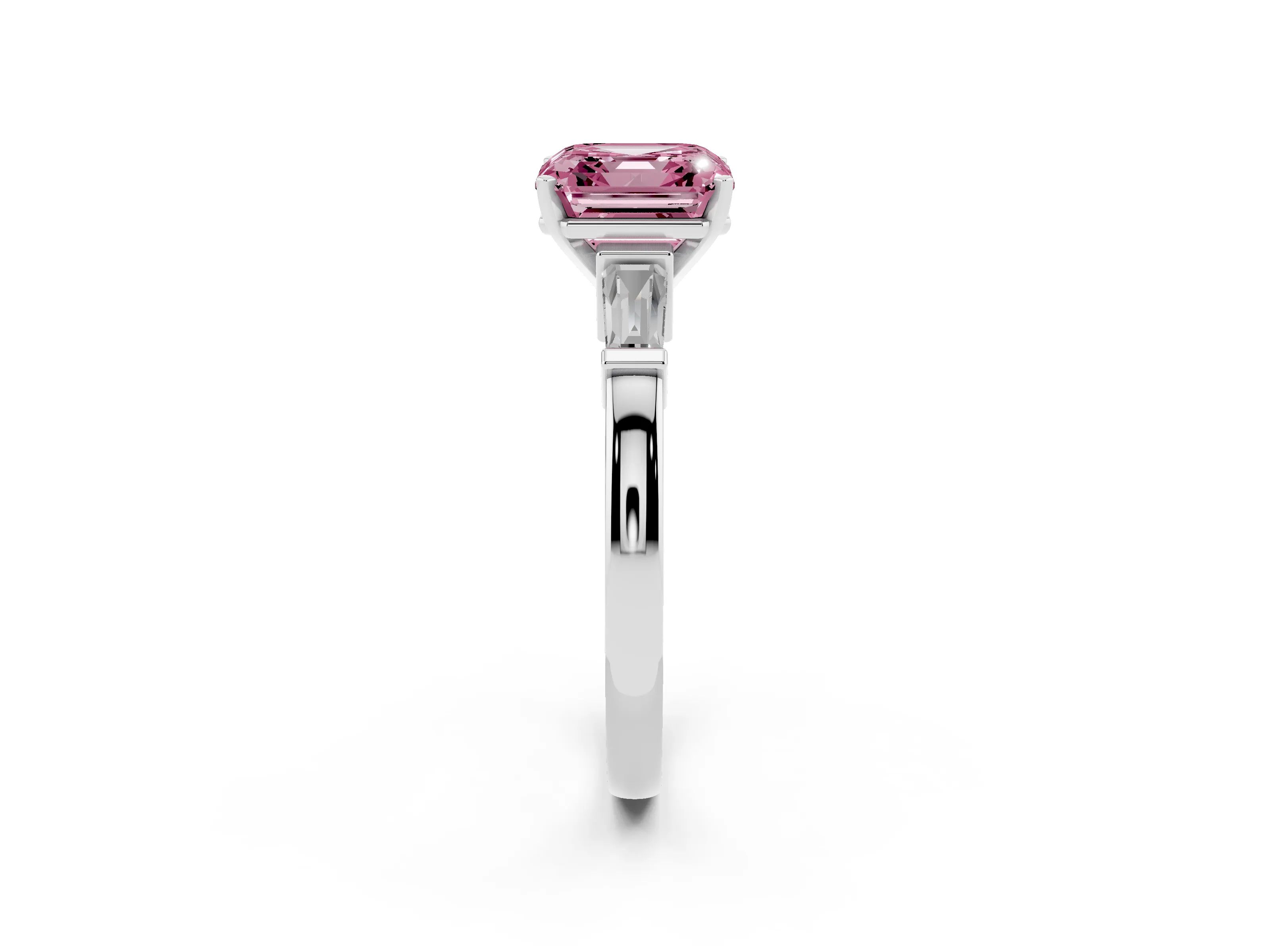 Fancy Pink Asscher Cut Diamond Solitaire Ring Set in White gold with Tapered Baguette Accents and Prong Setting