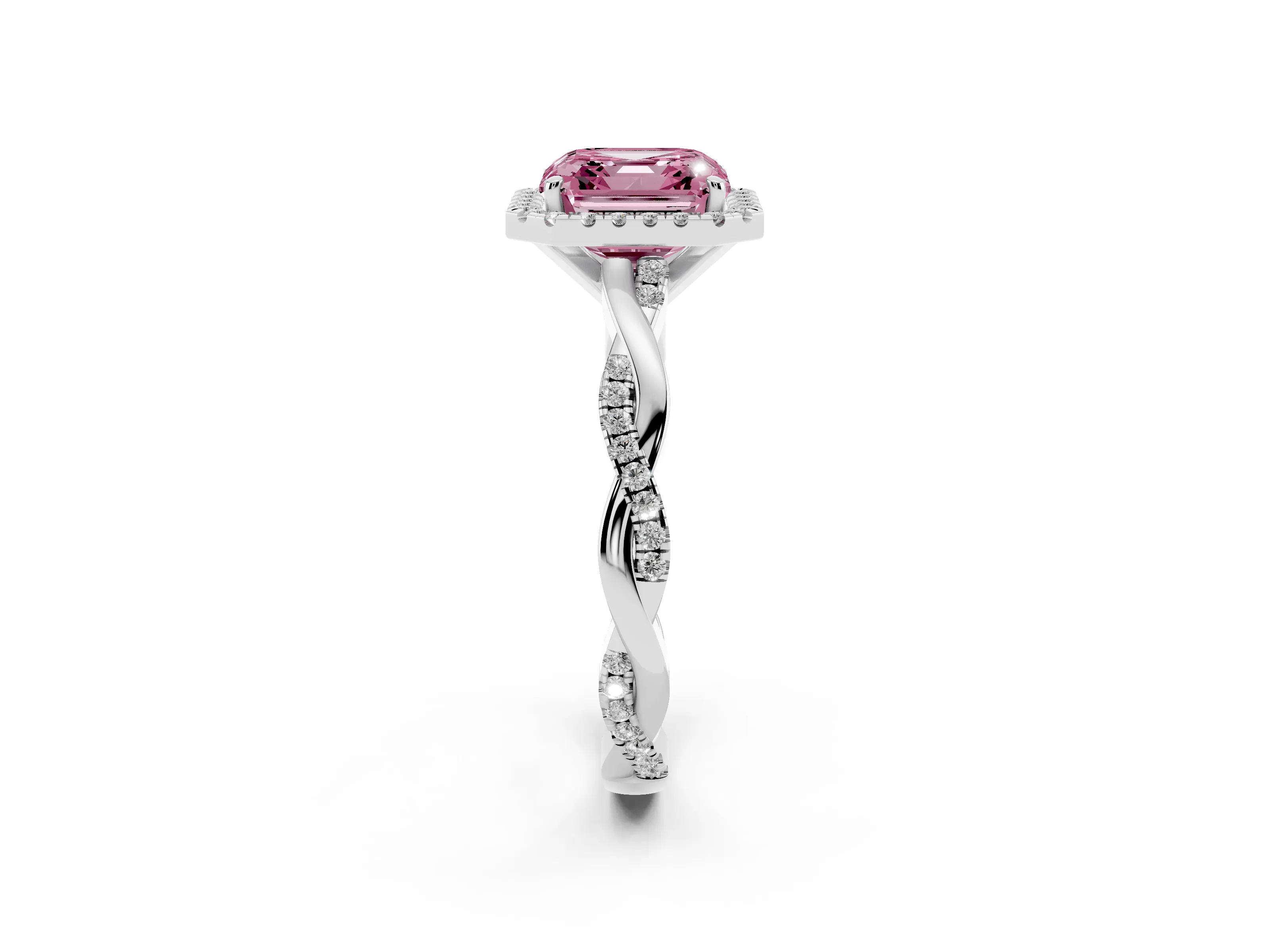 Fancy Pink Asscher Cut Diamond Halo Twisted Band Ring Set in Silver with Prong Setting