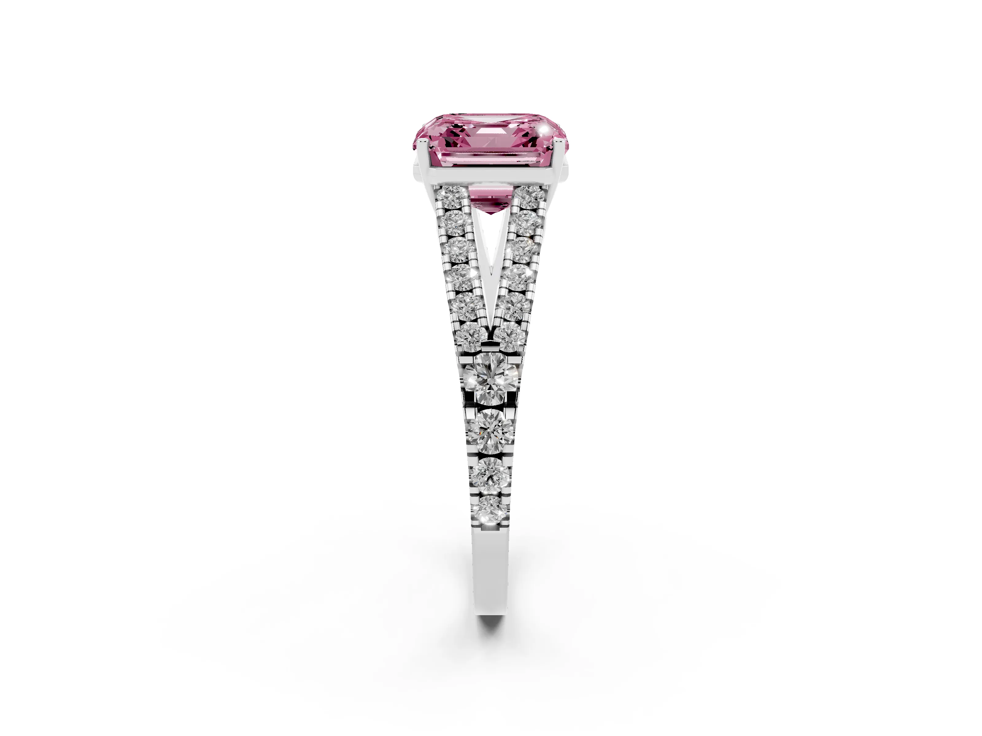 Fancy Pink Asscher Cut Diamond Split Shank Pavé Engagement Ring Set in White gold with Prong-Held Center Stone