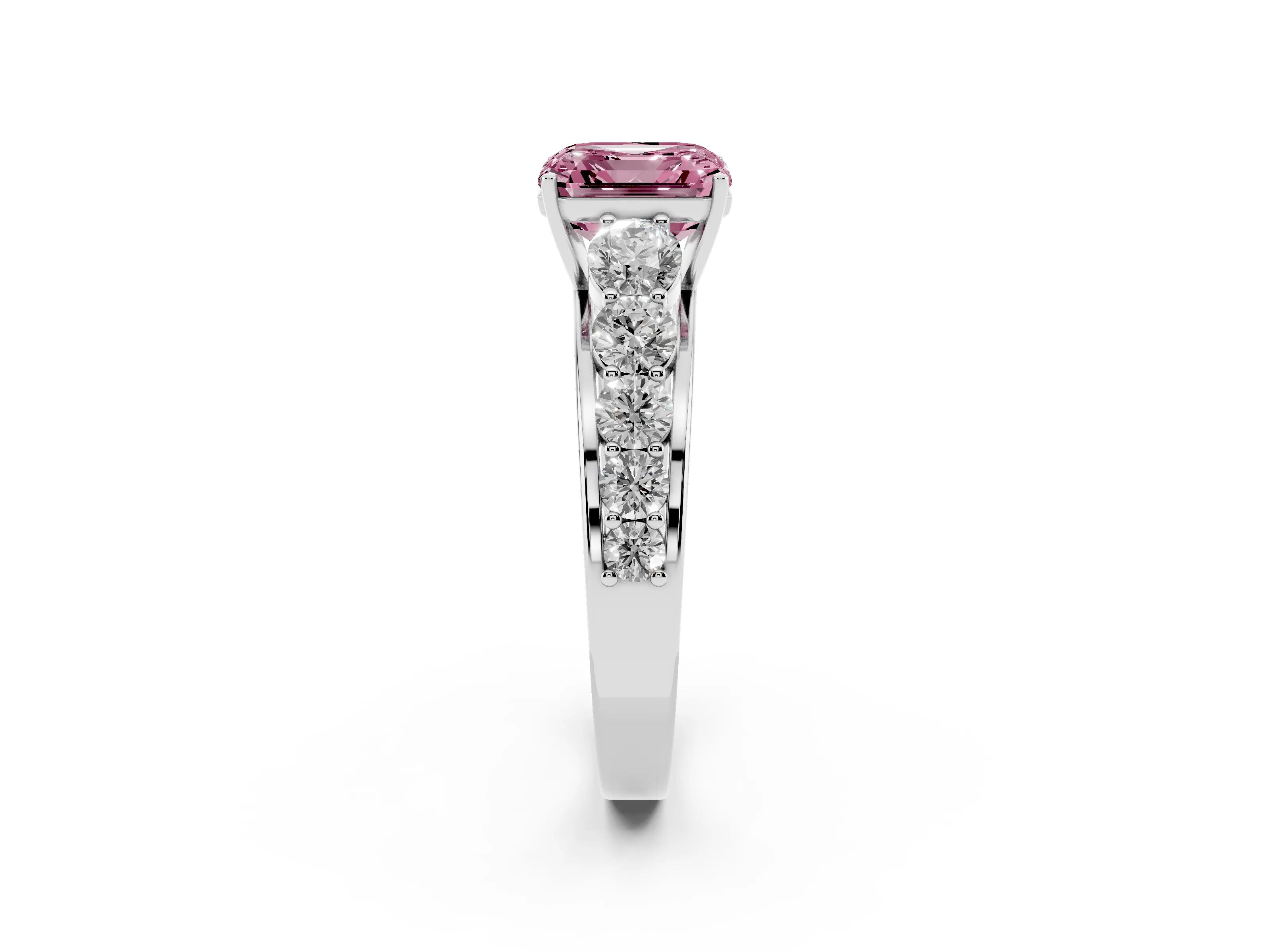 Fancy Pink Asscher Cut Diamond Solitaire Ring Set in White gold with Pavé-Set Band and Prong Setting