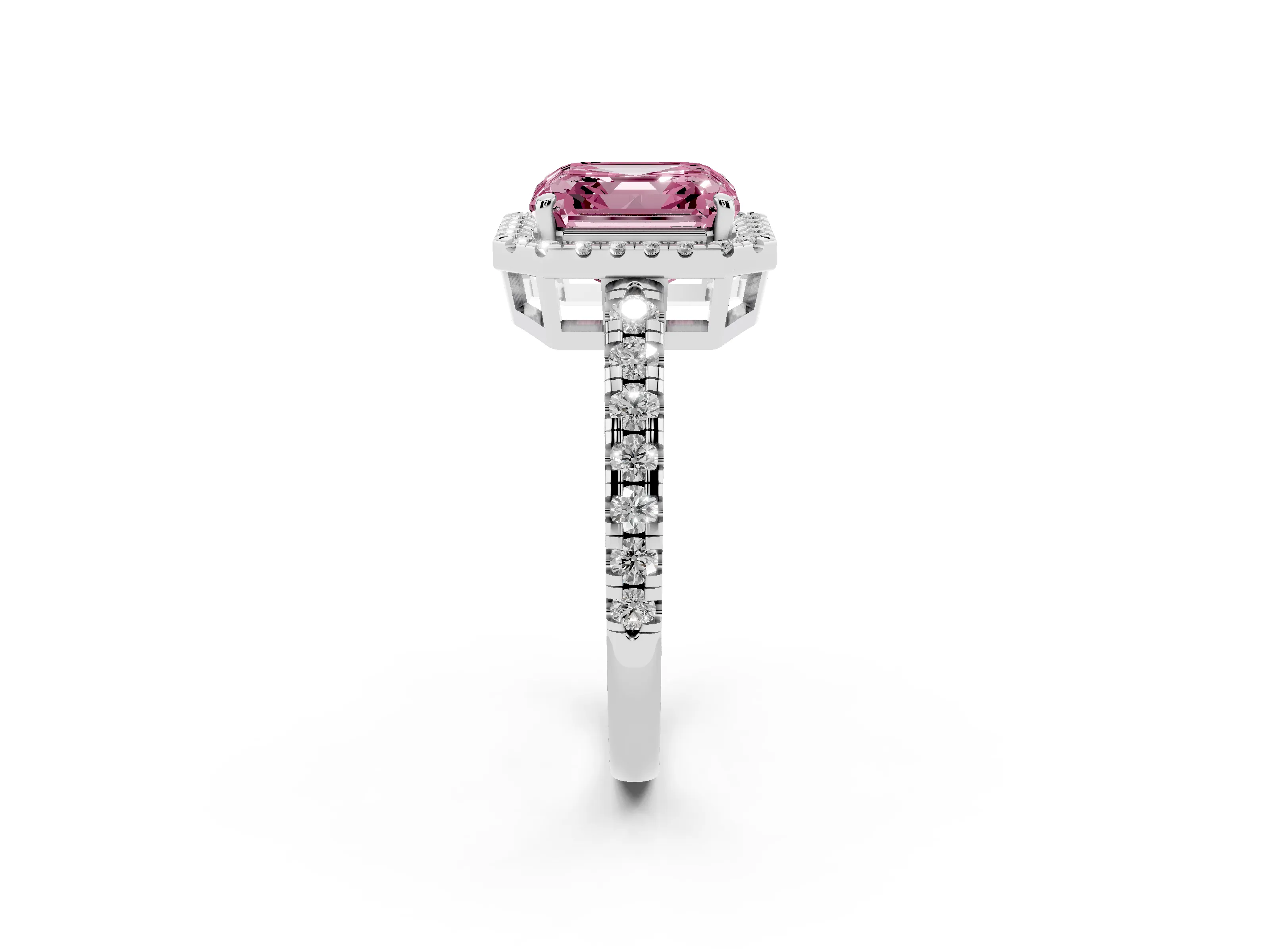 Fancy Pink Asscher Cut Diamond Halo Ring Set in White gold with Delicate Pavé Band and Prong Setting