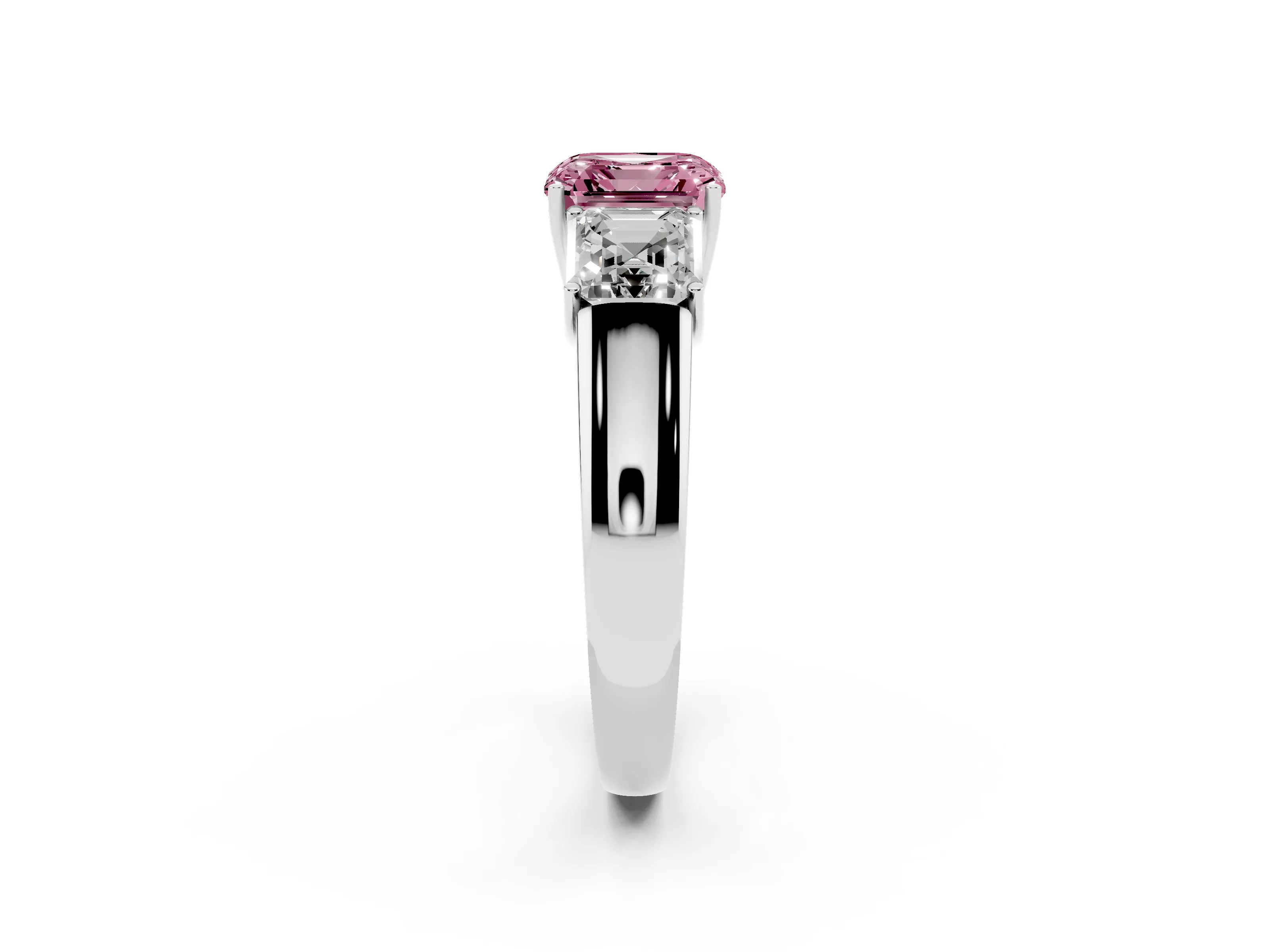 Fancy Pink Three-Stone Asscher Cut Diamond Ring Set in White gold with Matching Prong Settings and Plain Band