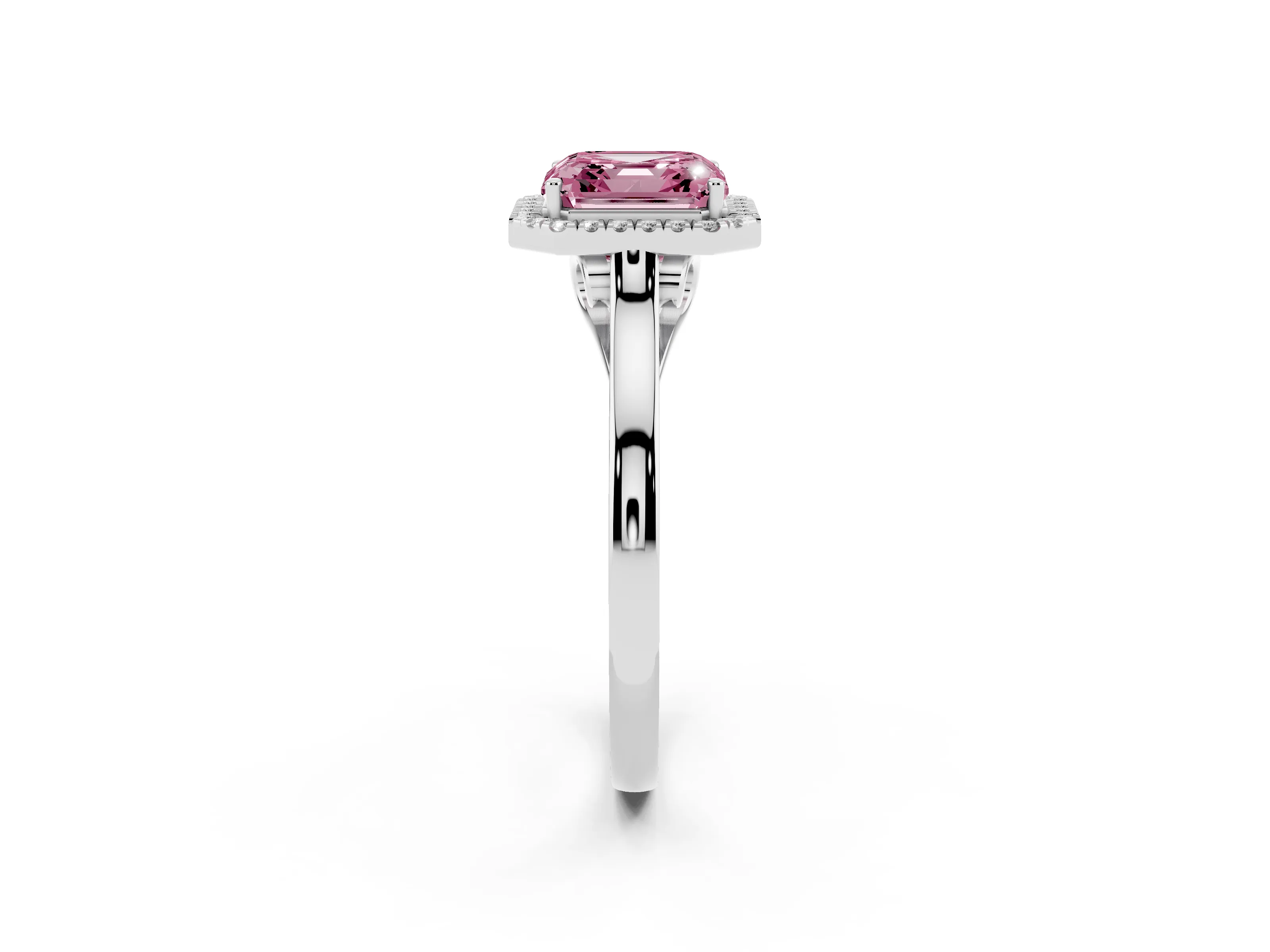 Fancy Pink Asscher Cut Halo Round Diamond Solitaire Ring Set in Silver with Pavé Band and Prong Setting